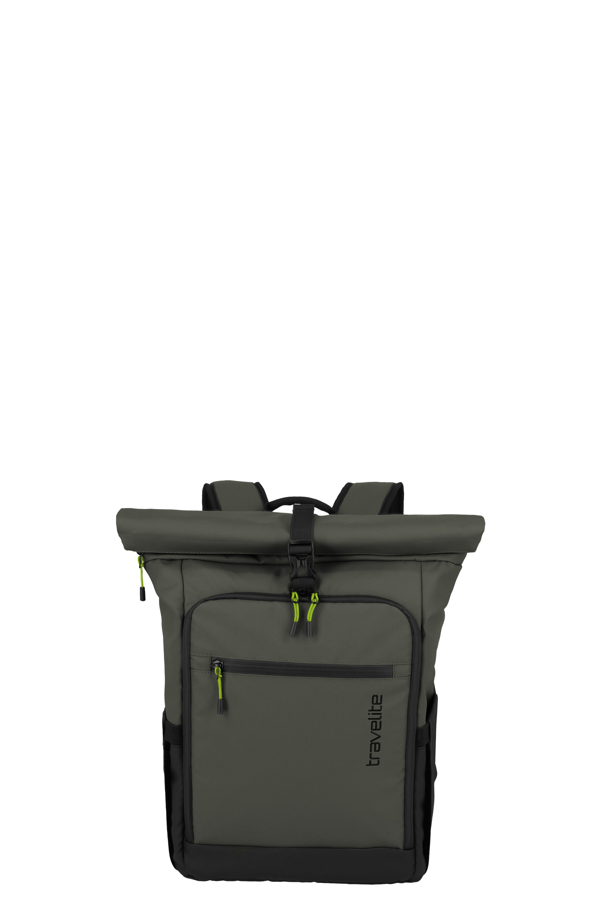 Front view of the Rollup backpack M from TRAVELITE. The backpack is olive green with black accents and neon green zips. It has a rolled top, a zip and the TRAVELITE logo.