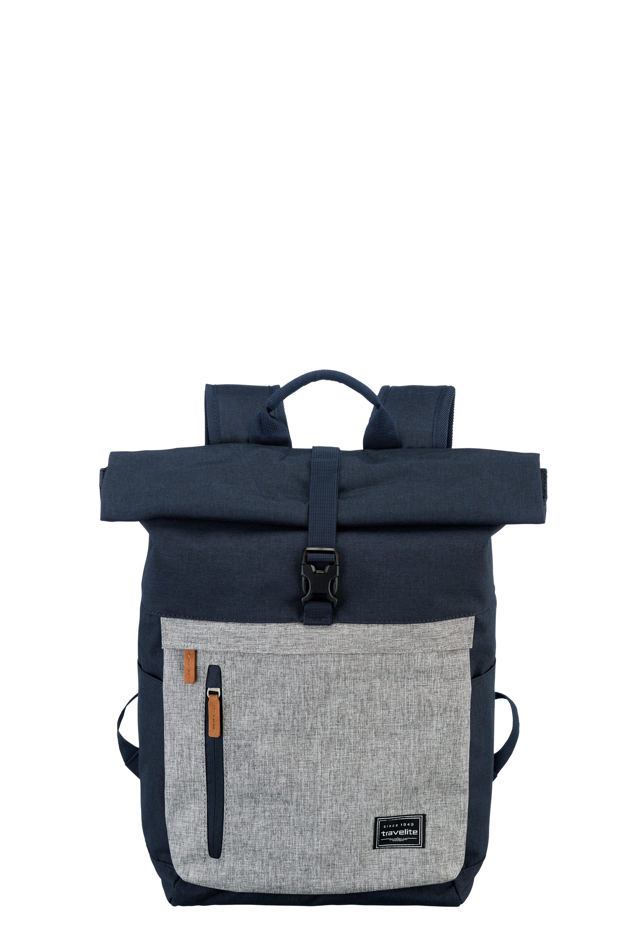 A roll-up backpack from TRAVELITE in blue and grey. The top section is rolled up and secured with a fastener. A grey front pocket with zip is visible. Carrying handle and shoulder straps are included.
