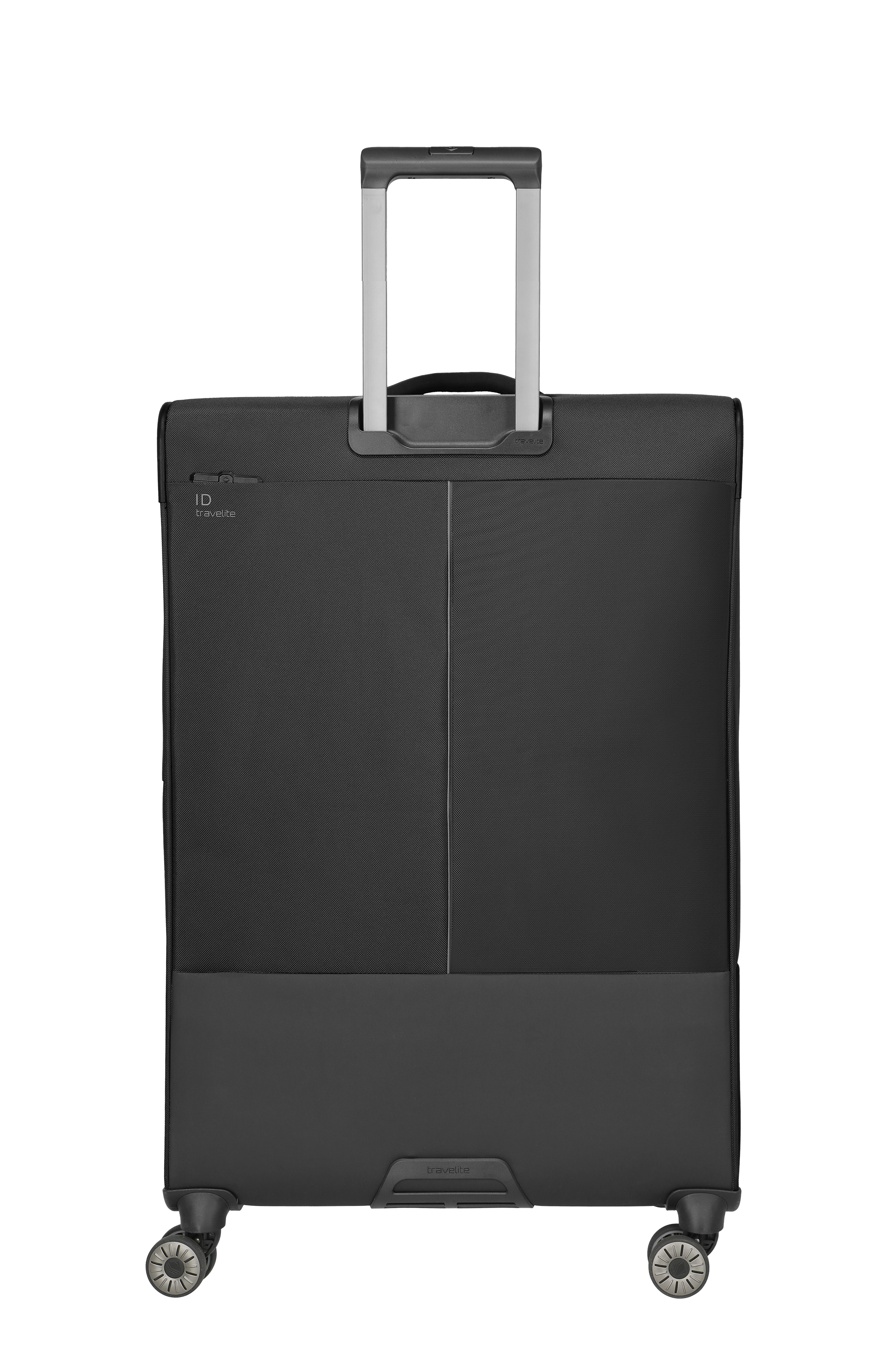 Schwarzer Trolley-Koffer mit ausziehbarem Griff und vier Rollen von travelite, Rückansicht