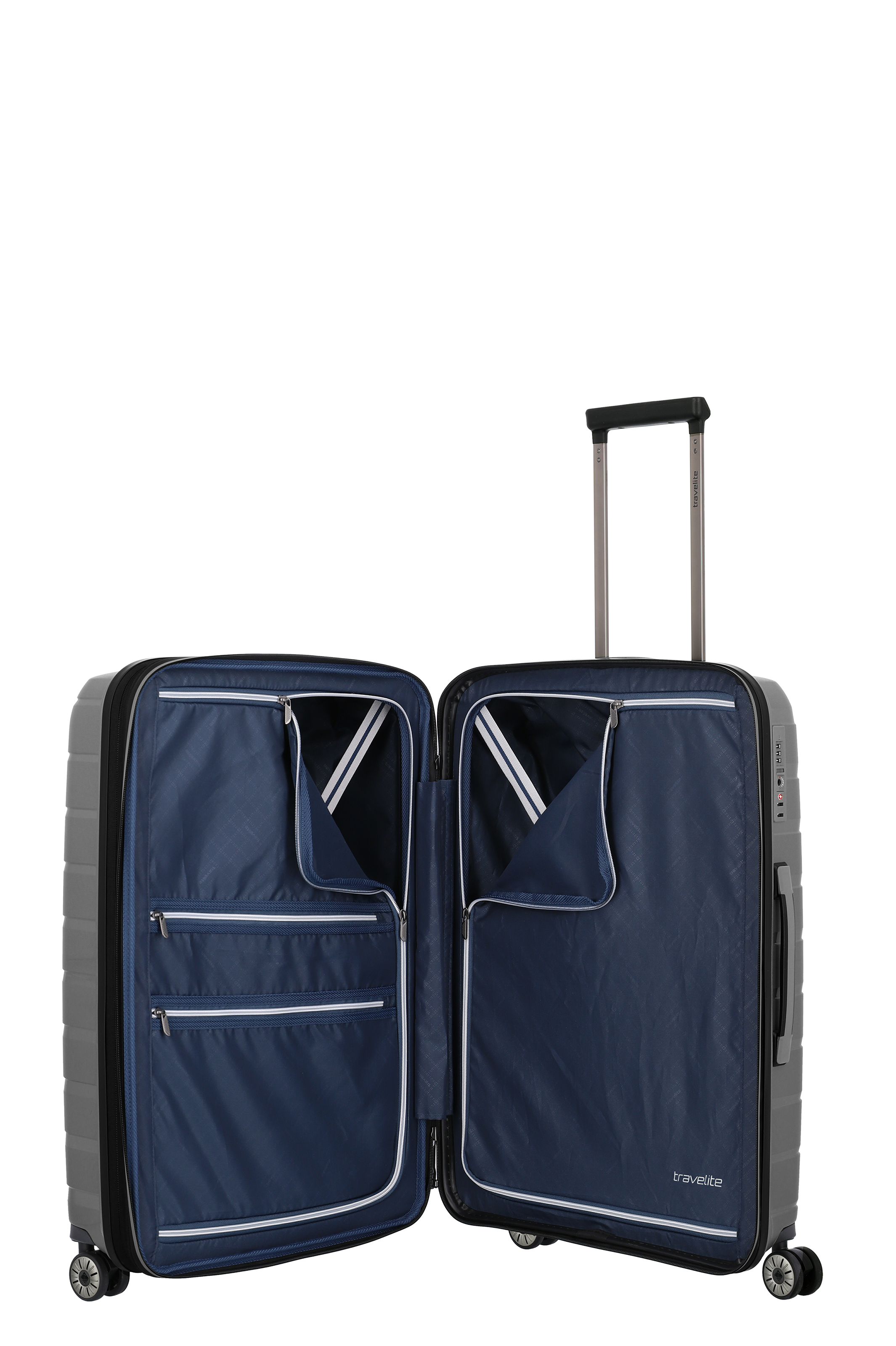 Geöffneter Hartschalenkoffer mit Teleskopgriff und zwei Hauptfächern, ideal zum organisierten Packen