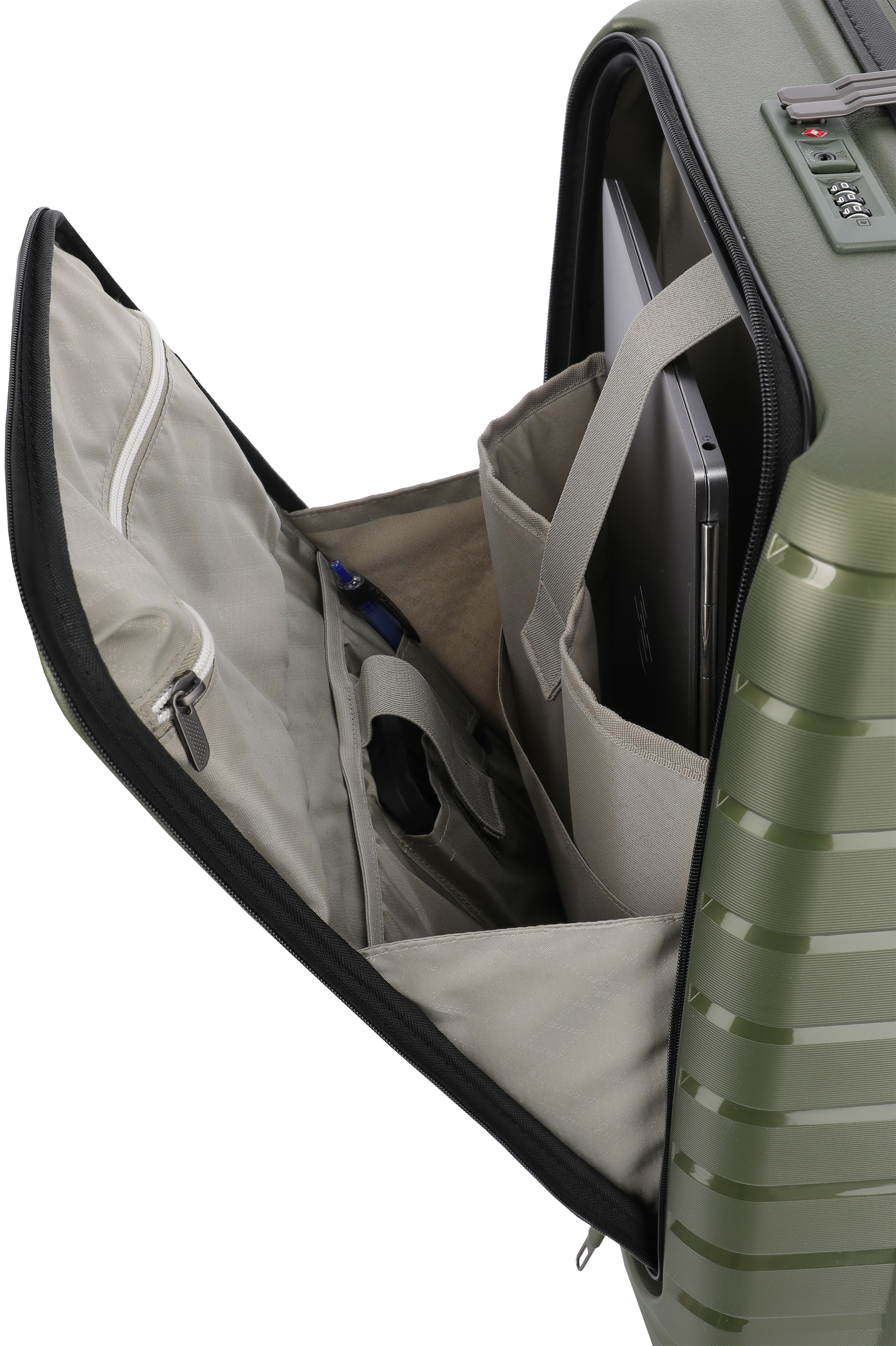 Hartschalenkoffer mit integriertem Laptopfach und Organizer in Olivgrün, seitlich geöffnet