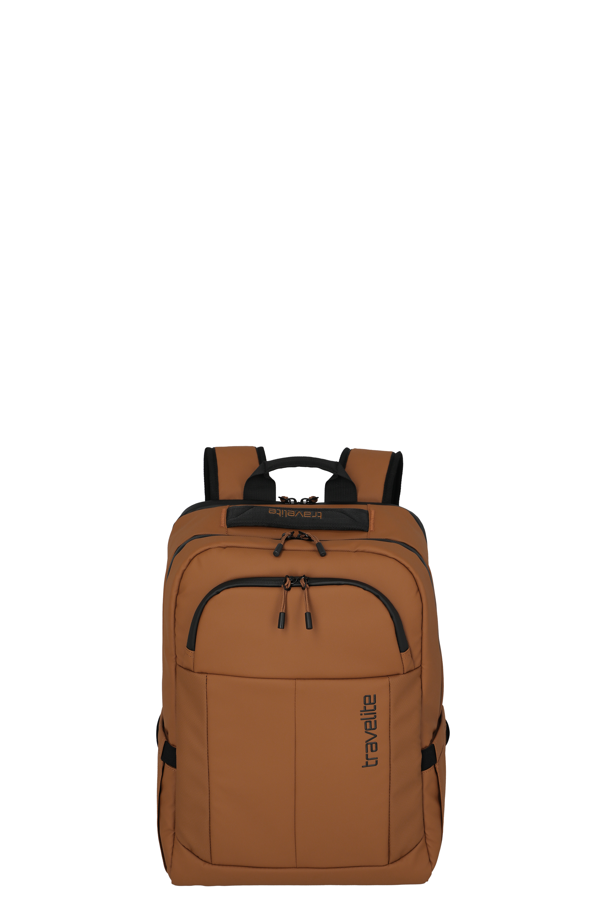 Zaino Travelite marrone con molteplici scomparti e cerniere, ideale per l'uso quotidiano e per i viaggi
