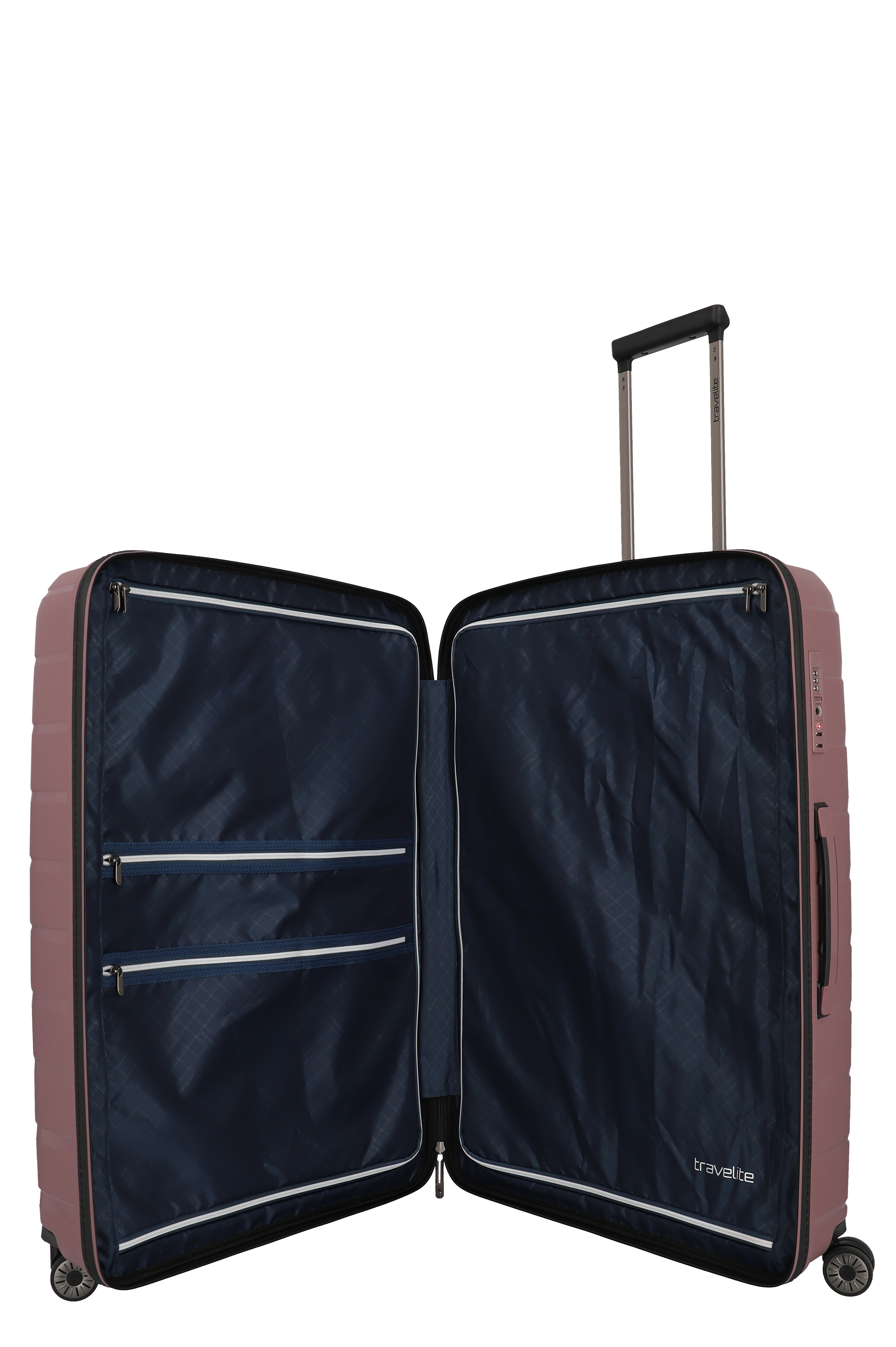 Geöffneter Hartschalenkoffer mit großem Innenraum und zwei Reißverschlussfächern, Modell in Altrosa von travelite