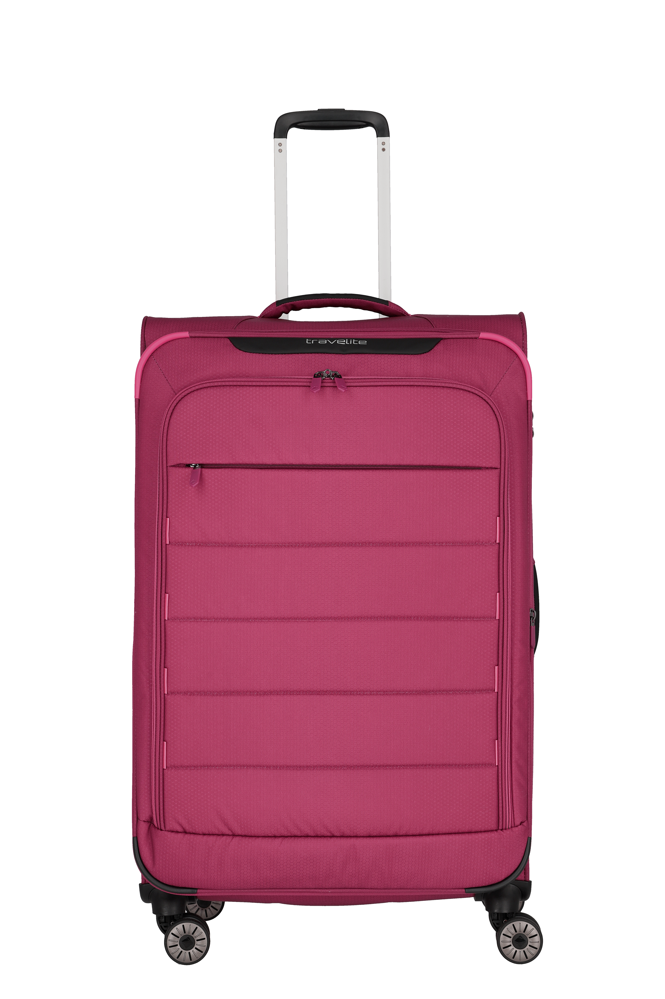 Pinkfarbener Travelite-Trolley mit vier Rollen, Fronttasche und Teleskopgriff, ideal für komfortables Reisen