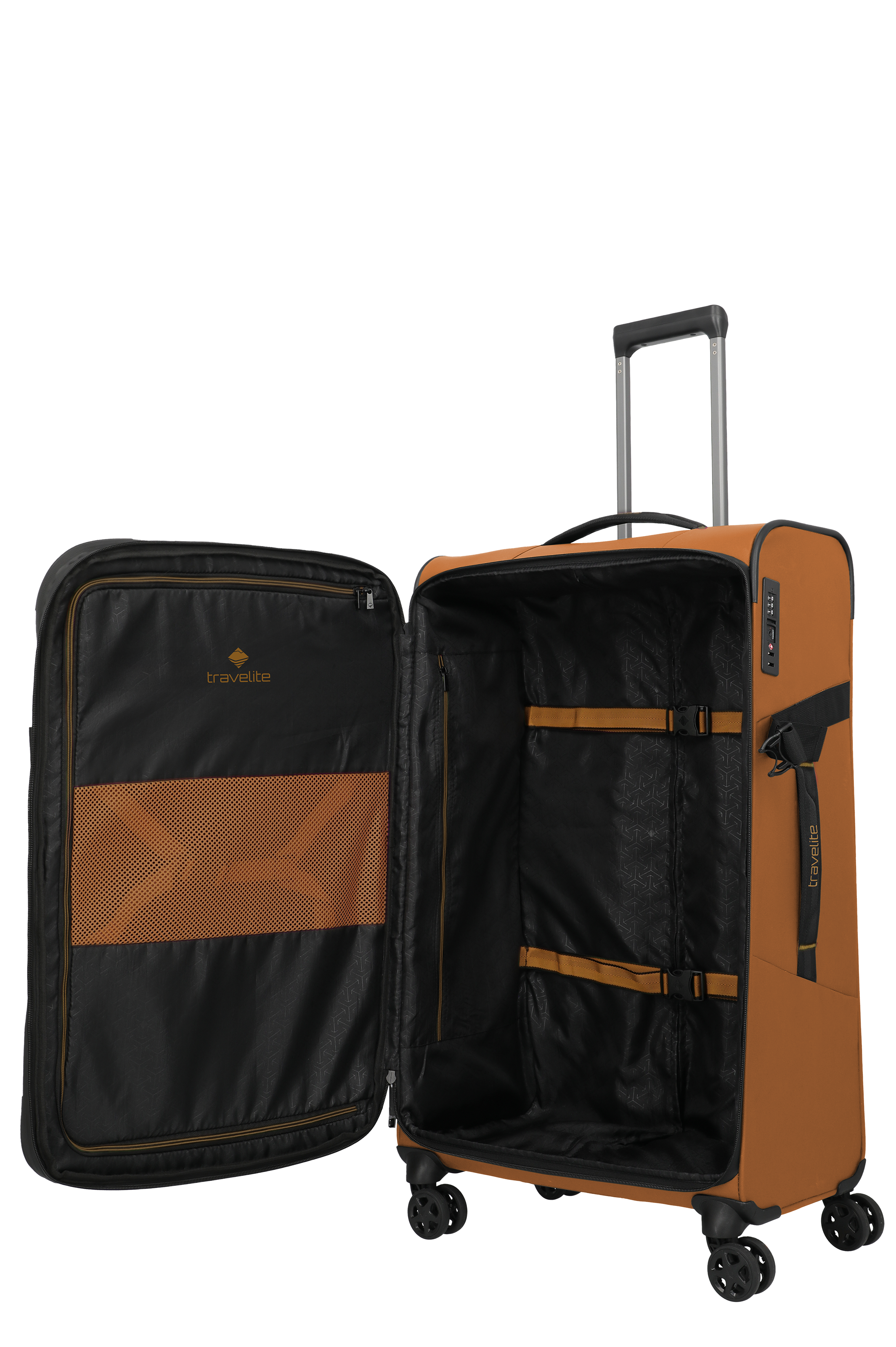 Travelite Weichgepäck Trolley mit offenem Innenraum, vier Rollen und TSA-Schloss, orange