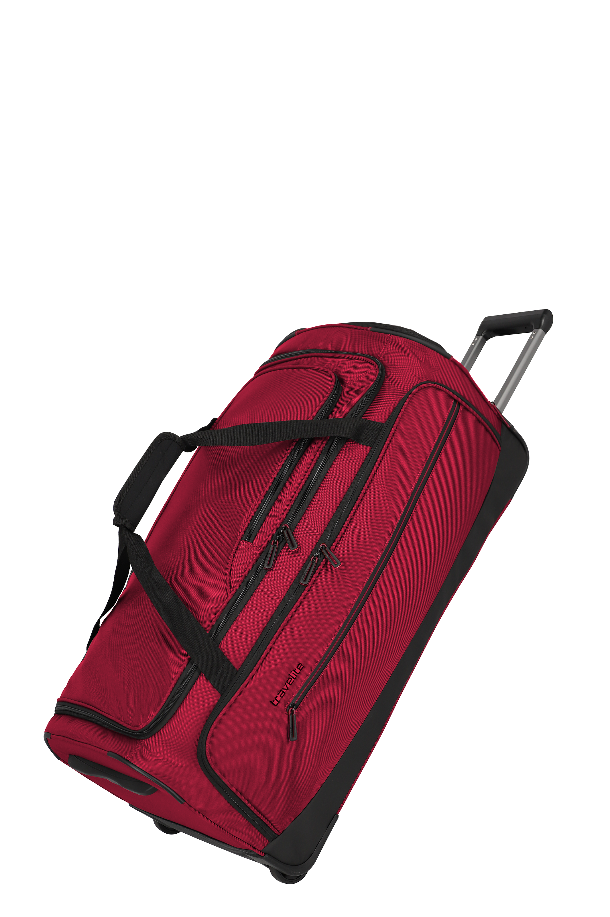 Abbildung einer großen, roten Reisetasche mit Rollen und ausziehbarem Griff, ideal für Reisen