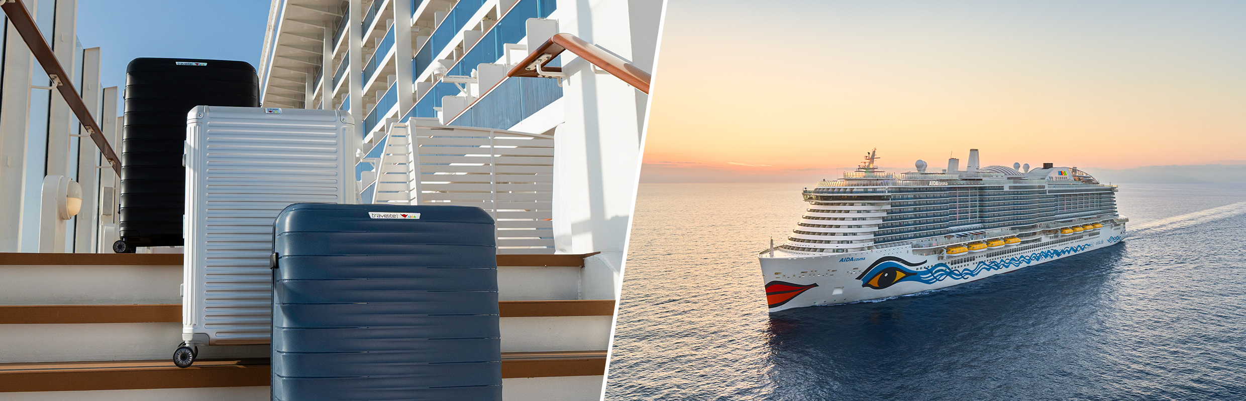 Cruise packing list: your ultimate guide to travelling by sea Drei Koffer in blau, silber und schwarz stehen auf einem AIDA Schiff
