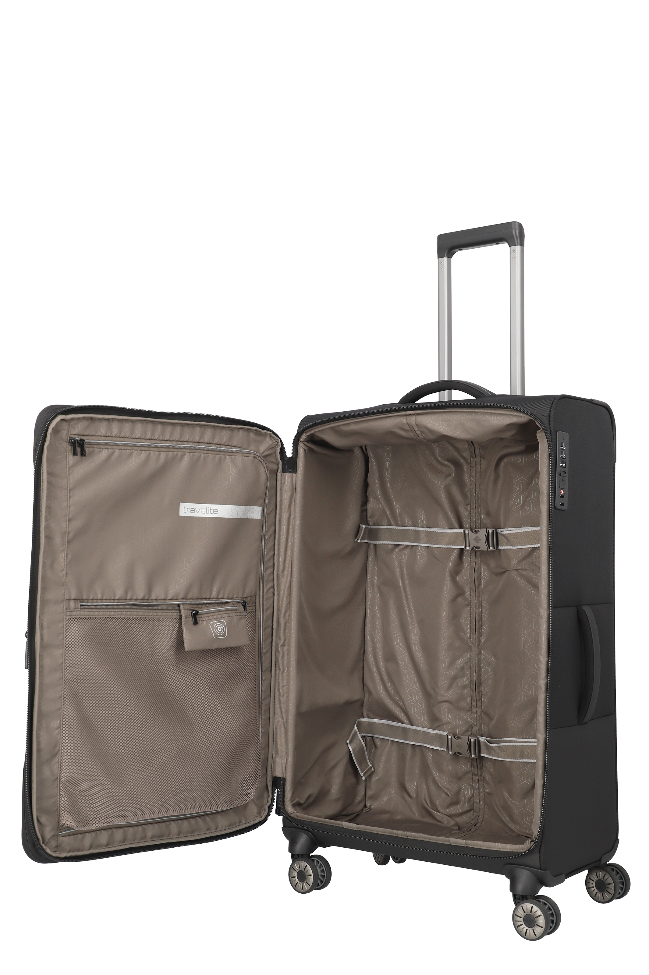 Geöffneter schwarzer Trolley mit viel Stauraum und Innentaschen