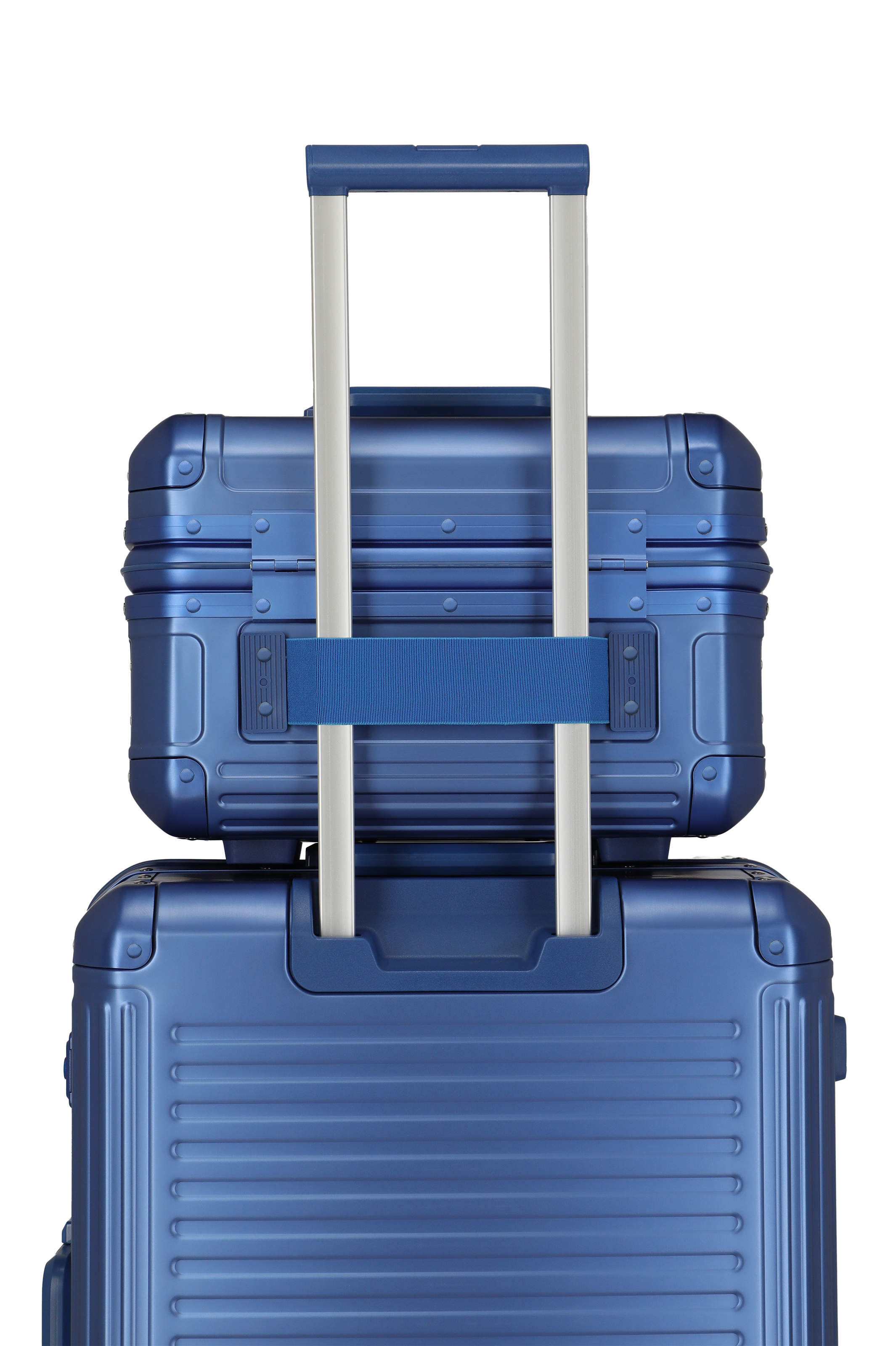 Stapelbare blaue Hartschalenkoffer mit Teleskopgriff – praktisches Reisekoffer-Set