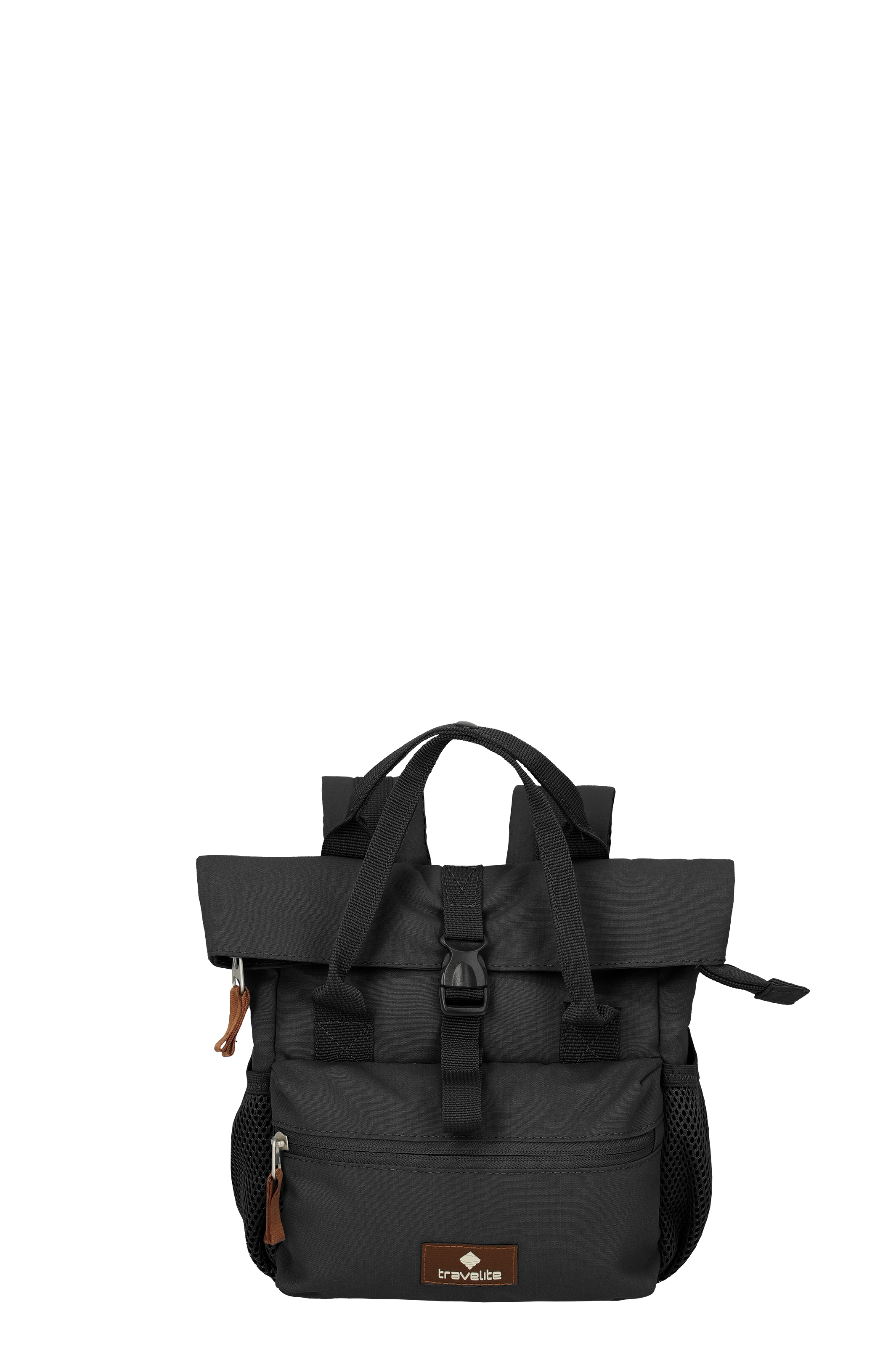Mini sac à dos Rollup noir de TRAVELITE avec des poignées courtes et des bretelles. Une poche avant zippée, des poches latérales en filet et une fermeture à enroulement avec boucle sont visibles. Le logo TRAVELITE est cousu dessus.