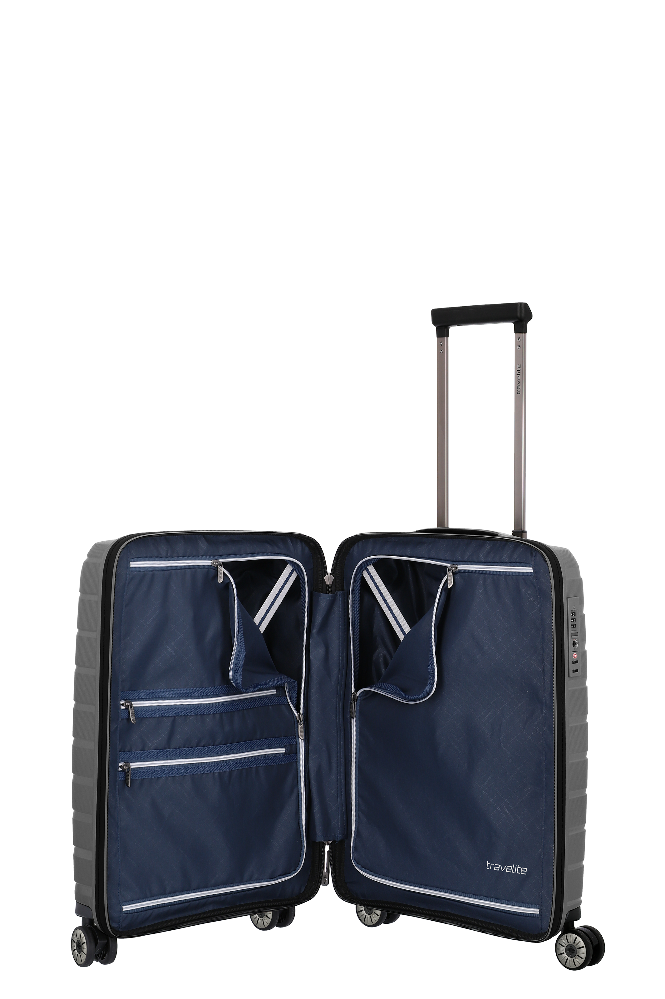 Aufgeklappter Hartschalenkoffer mit Teleskopgriff und Innenfächern von travelite