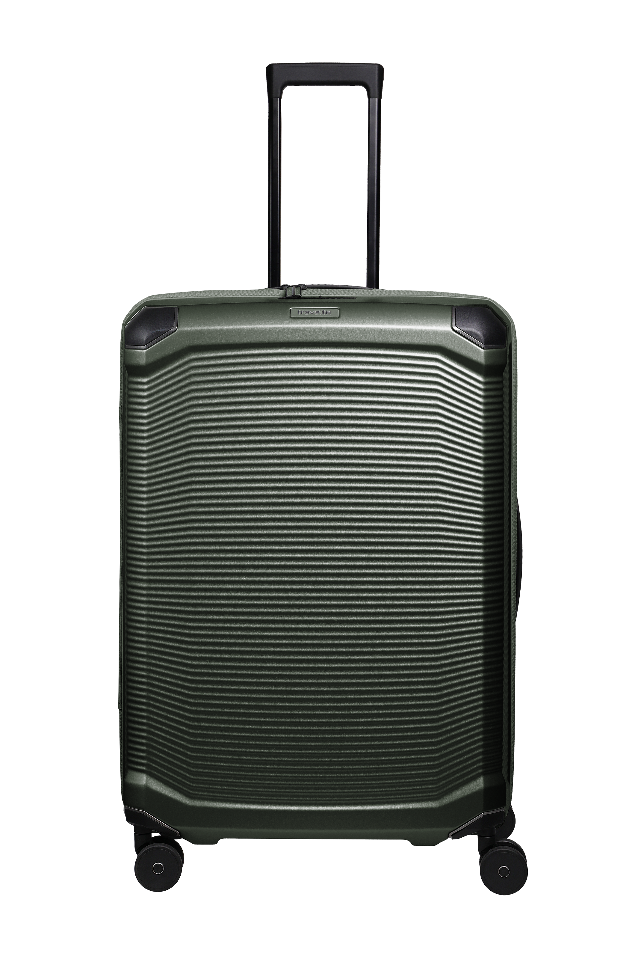Primer plano de un trolley L de la marca TRAVELITE en color verde, con textura acanalada horizontal y asa telescópica negra. Las esquinas del trolley están reforzadas y las cuatro ruedas garantizan la movilidad.