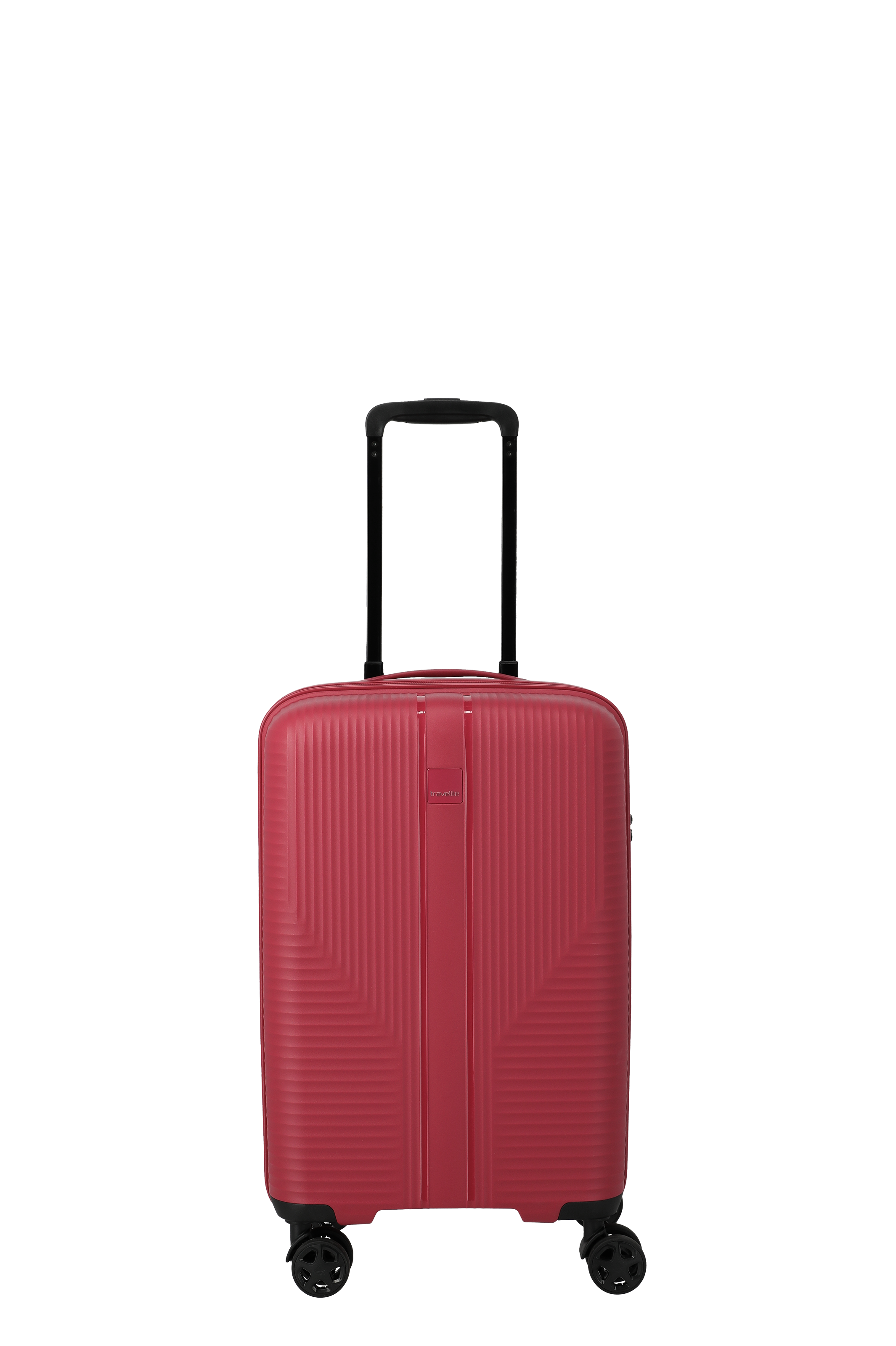 Vista frontale di una valigia rigida rossa e sottile di TRAVELITE. La valigia ha un manico telescopico nero e quattro ruote nere. Il design è moderno, con linee orizzontali e diagonali.