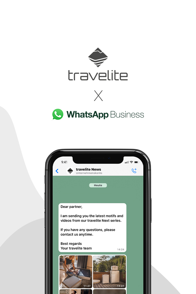 Travelite und WhatsApp Business Integration für aktuelle Updates Smartphone zeigt eine WhatsApp-Business-Nachricht von Travelite mit Bildern und Infos über die Produktreihe Travelite Next.