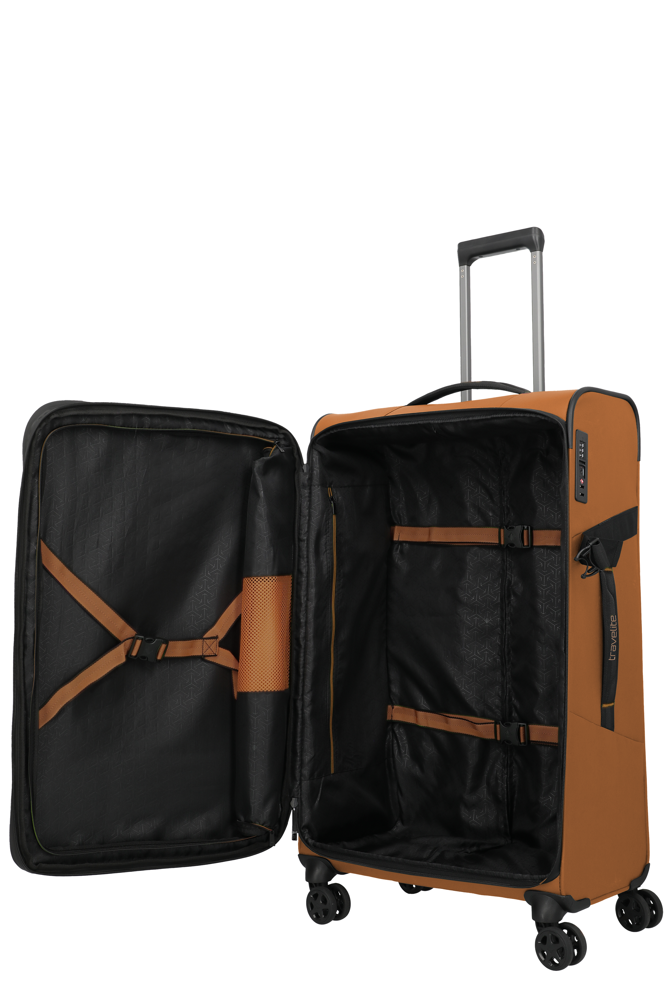 Geräumiger brauner Softshell-Koffer mit vier Rollen und offenem Innenraum von Travelite