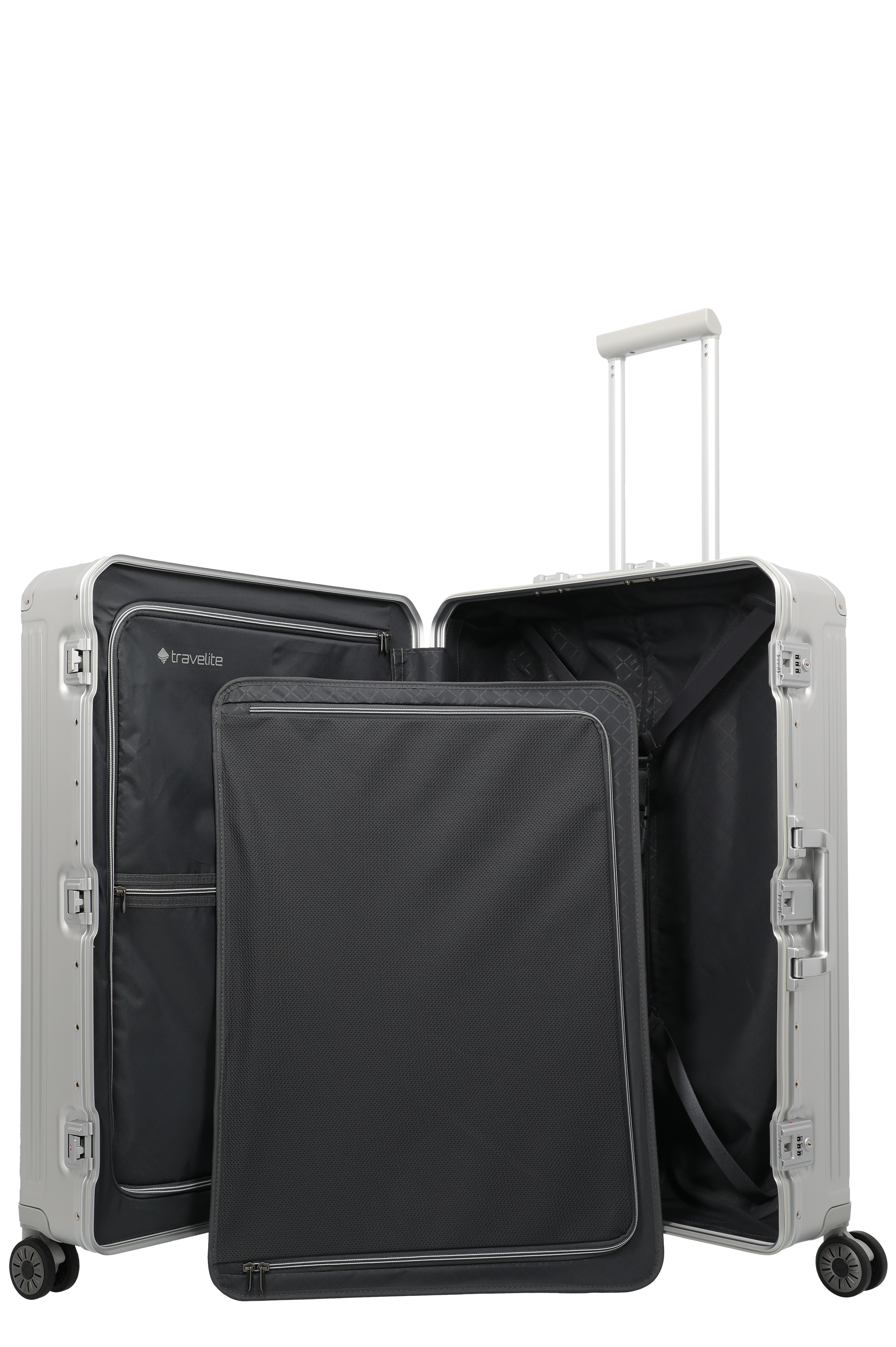 Geöffneter silberner Hartschalenkoffer mit Innenfächern und Trennwand von travelite