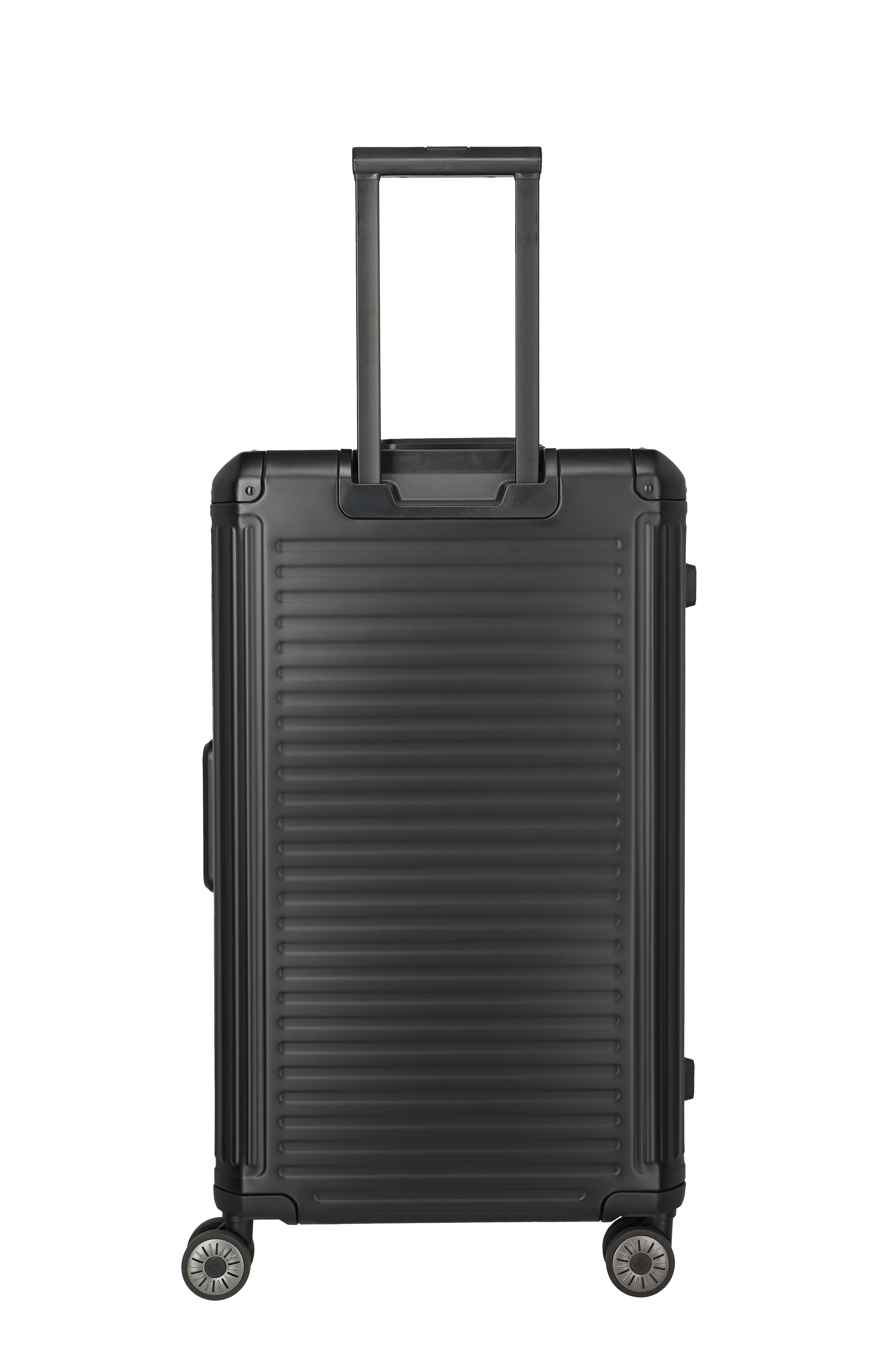 Stabiler schwarzer Hartschalenkoffer mit Teleskopgriff und vier Rollen – ideal für Reisen