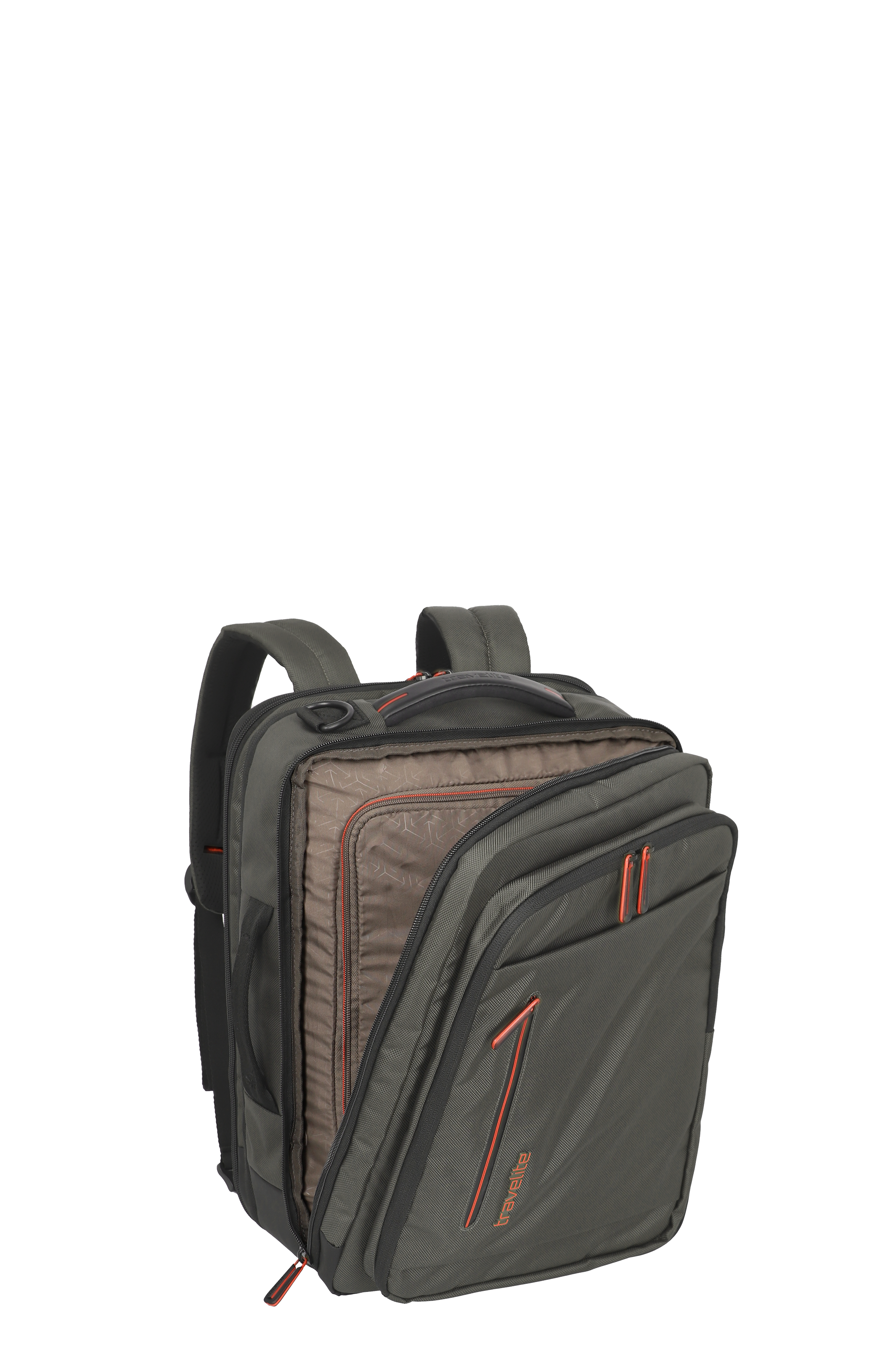 Praktischer Rucksack in Grau mit mehreren Fächern und orangefarbenen Akzenten für Alltag und Reisen