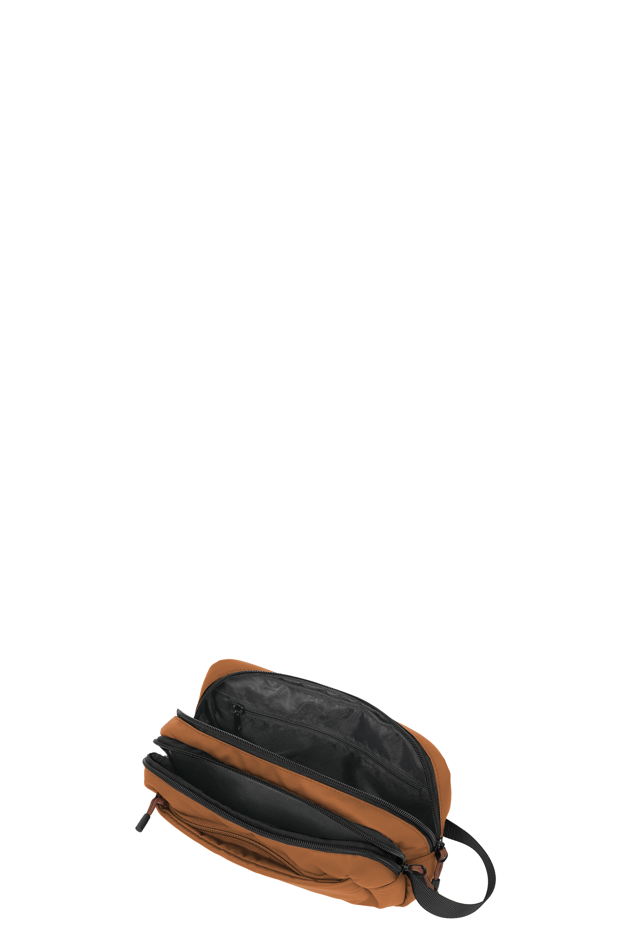 Braune Kosmetiktasche mit Reißverschluss und mehreren Fächern, geöffnet