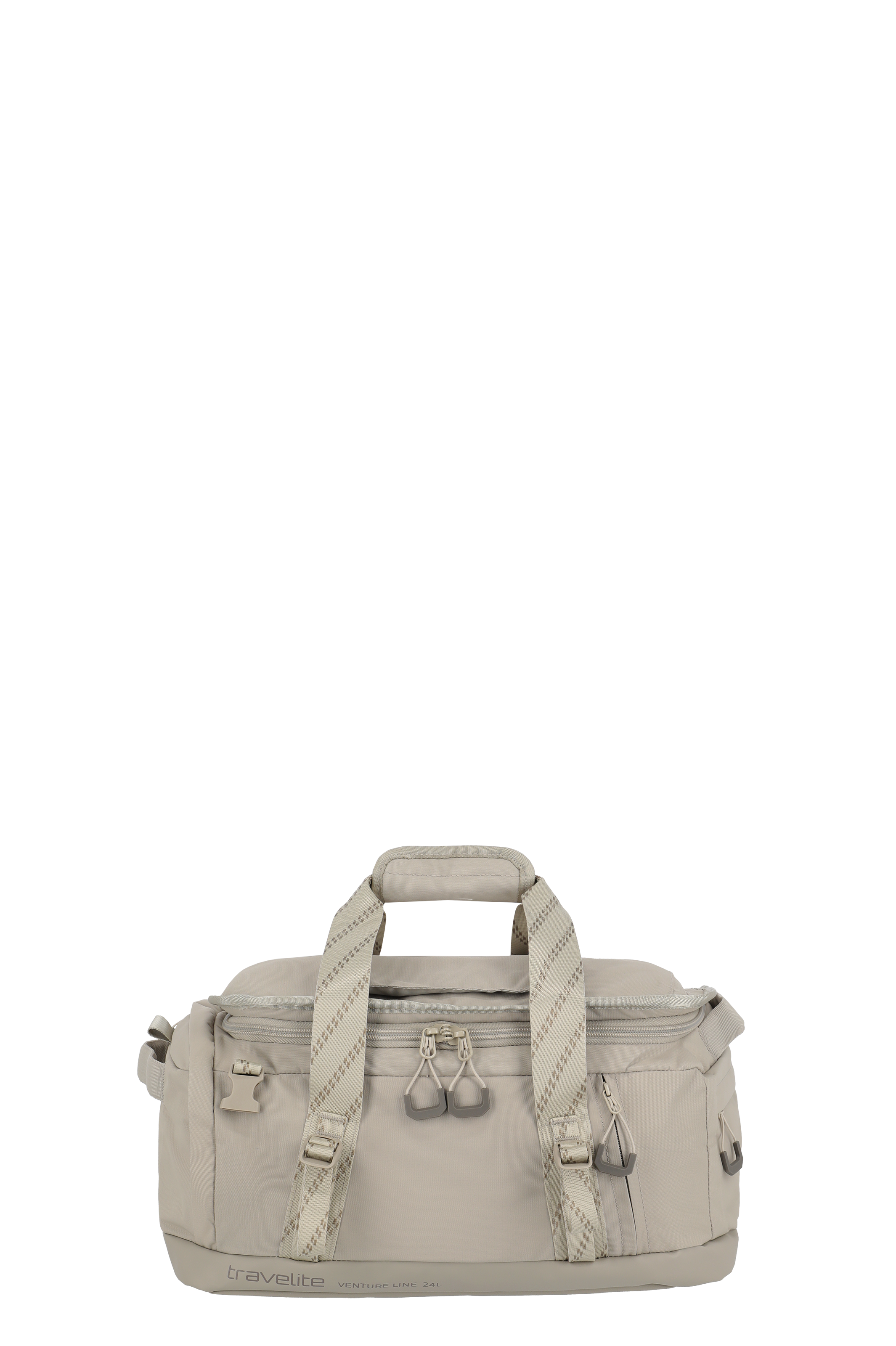 Eine hellbeige Travelite Reisetasche mit zwei Tragegriffen, befestigt an Tragegurten. Auf der Seite steht "travelite VENTURE LINE 24L". Die Tasche ist vor einem schwarzen Hintergrund abgebildet.