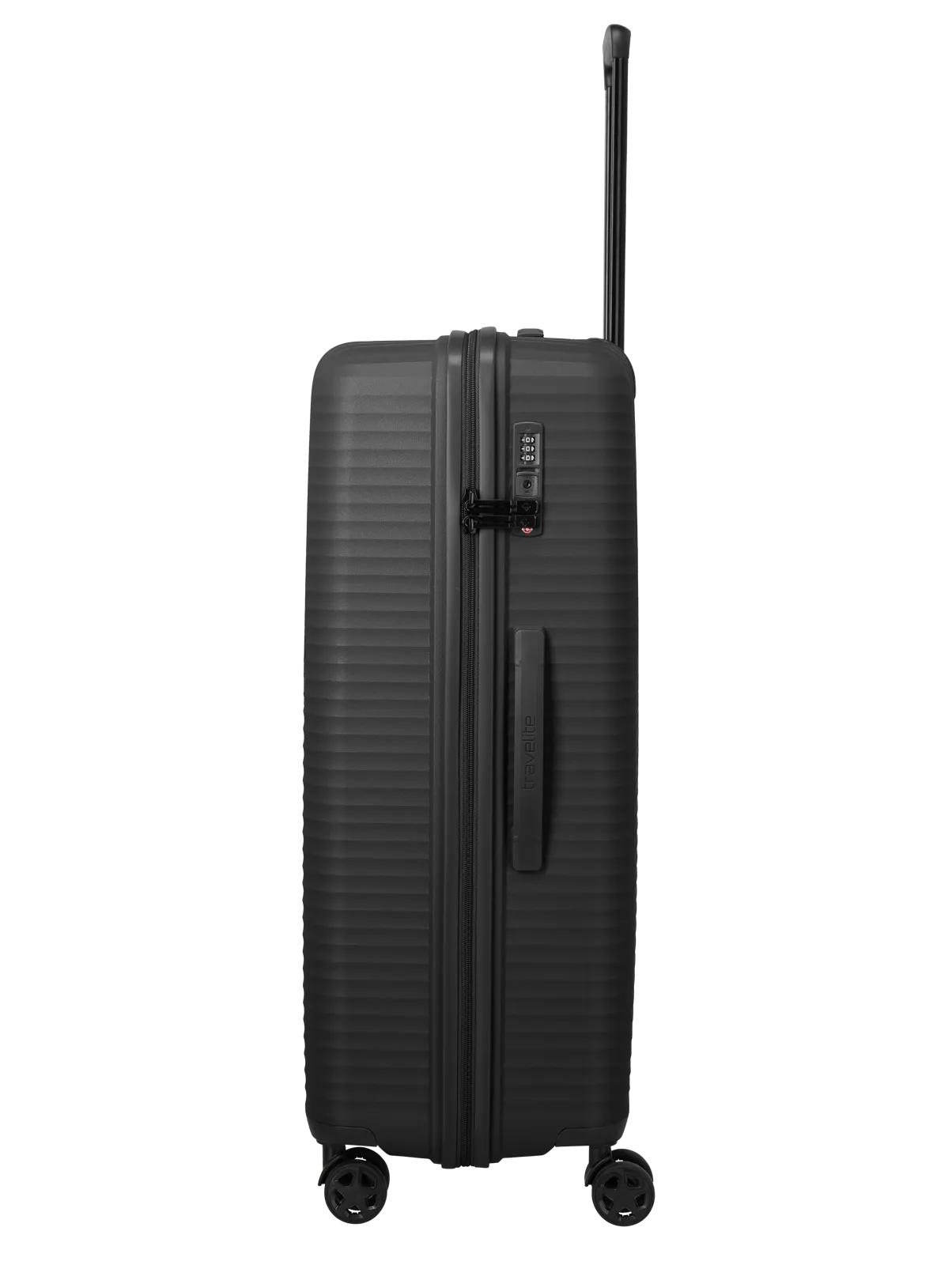 Moderner schwarzer Hartschalenkoffer mit TSA-Schloss und Teleskopgriff seitlich abgebildet