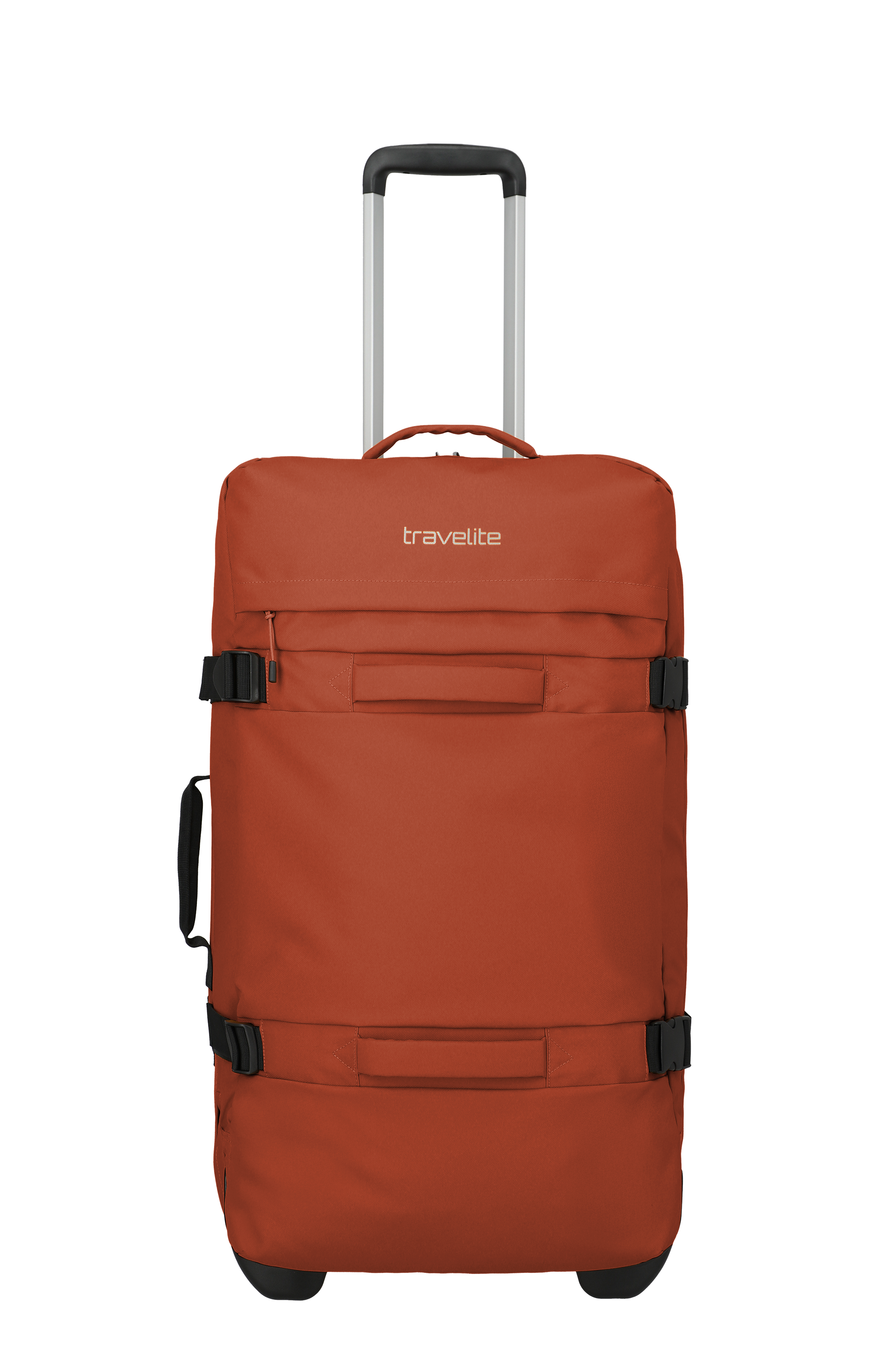 An upright, box-shaped, rust-red suitcase with a black and silver telescopic handle. "travelite" is printed on the front and the case has black straps with buckles. The background is plain black.