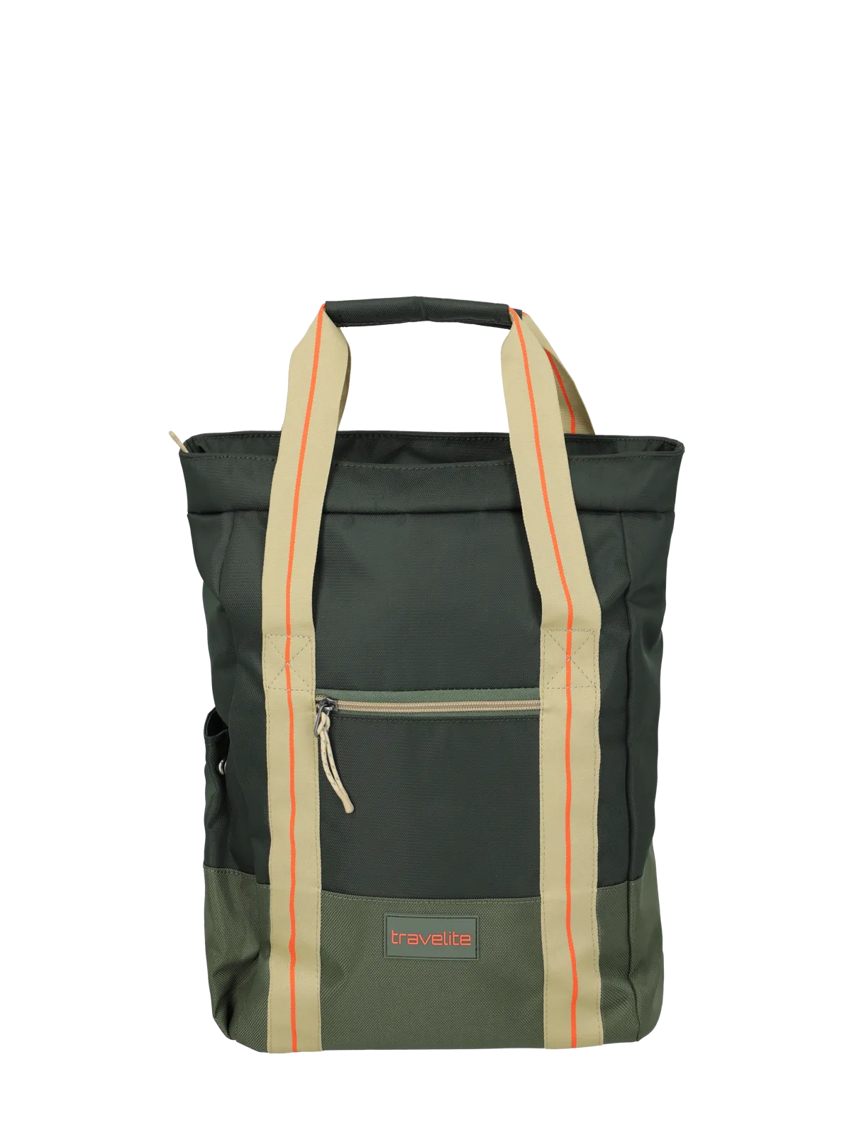 Travelite Rucksack in Dunkelgrün mit beigen Tragegurten und Fronttasche – Praktischer Begleiter für Alltag und Reisen Dunkelgrüner Travelite Rucksack mit beigen Tragegurten, orangefarbenen Details und Frontreißverschluss