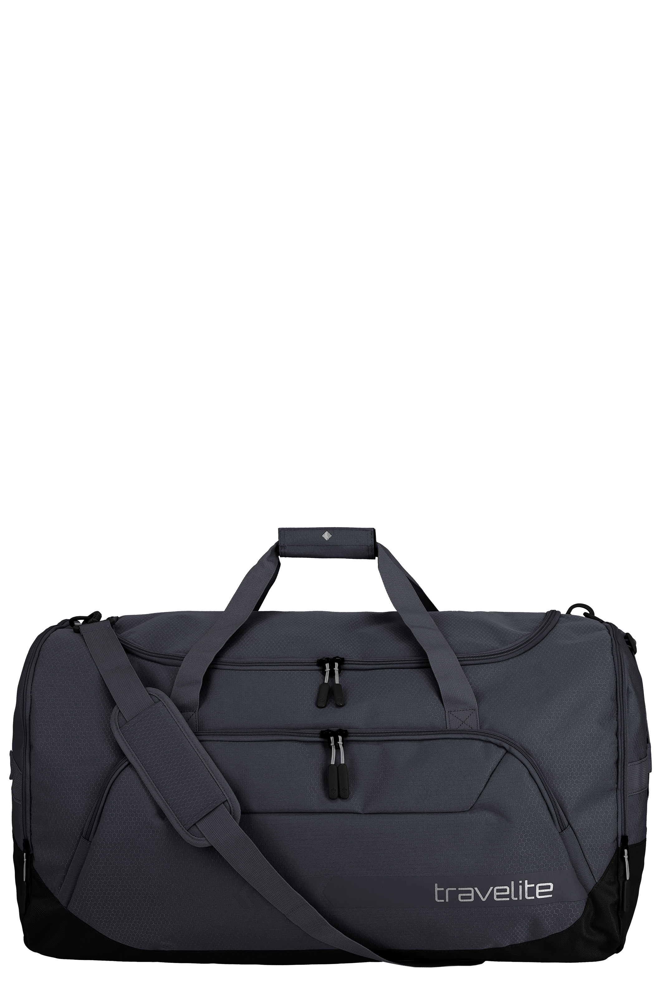 Grey TRAVELITE leisure bag XL with two top handles, an adjustable shoulder strap and two zipped compartments on the front. The TRAVELITE logo is located at the bottom right. The bag has black accents.