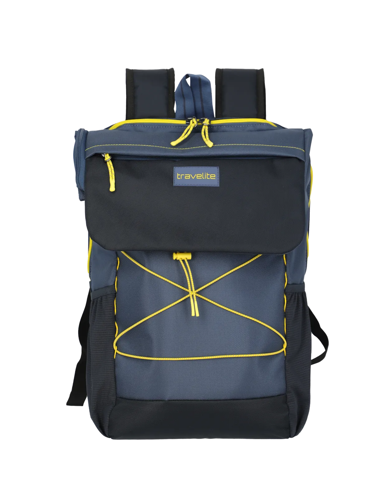 travelite Rucksack in Blau mit gelben Akzenten und Fronttasche – ideal für Freizeit und Reisen Moderner travelite Rucksack in Dunkelblau mit gelben Ziernähten, Fronttasche und Reißverschluss, geeignet für Alltag und Outdoor