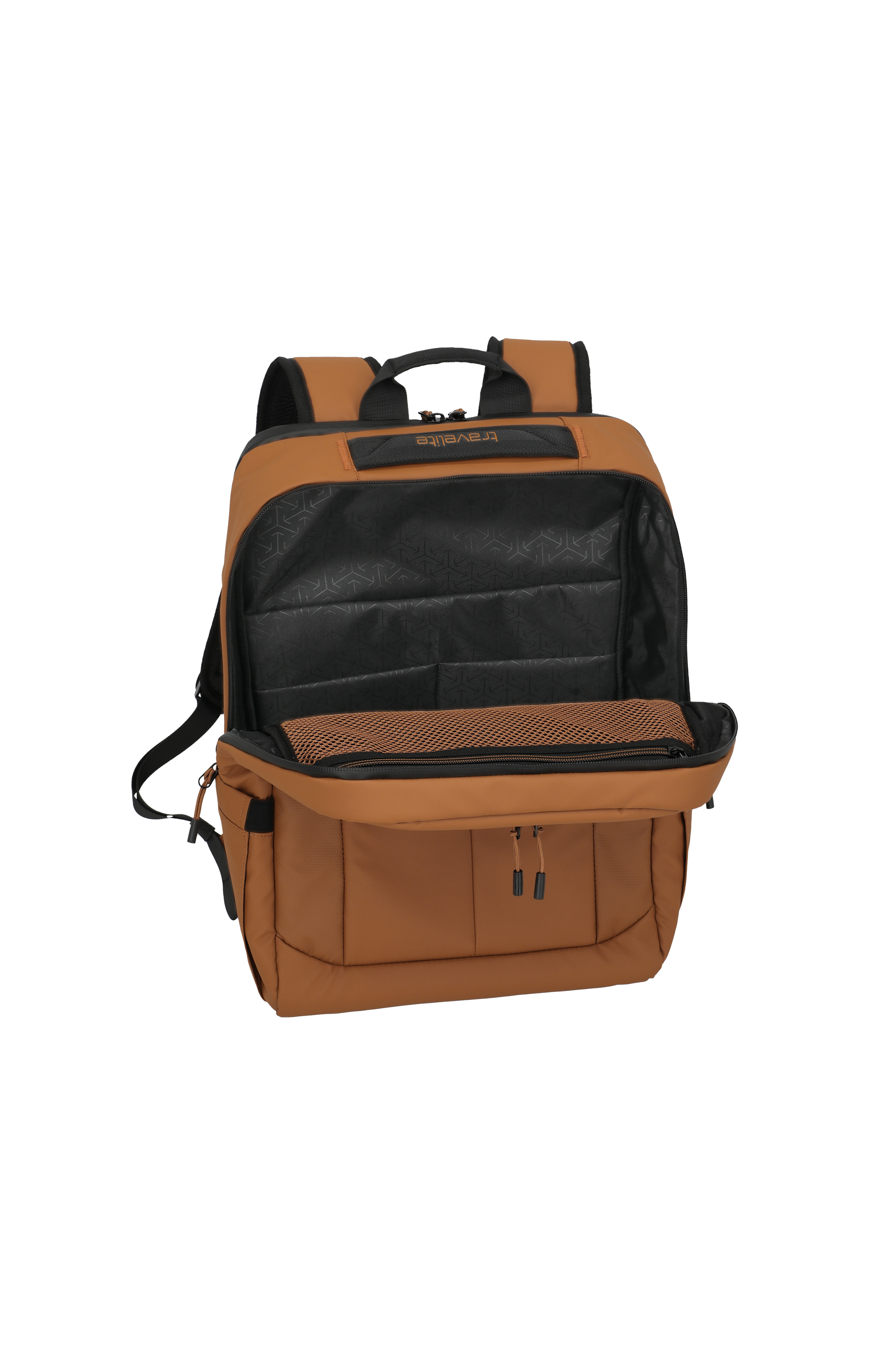 Brauner Rucksack mit großem Hauptfach und geöffnetem Reißverschluss, ideal für Schule und Freizeit