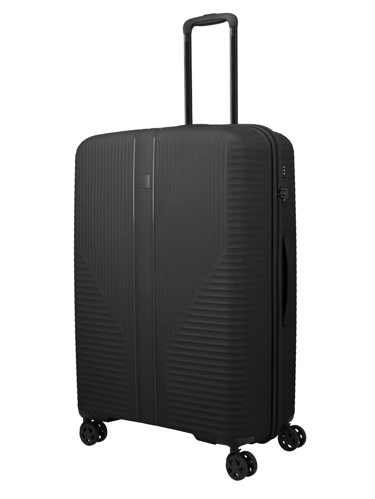 Großer schwarzer Hartschalenkoffer mit vier Rollen und Teleskopgriff