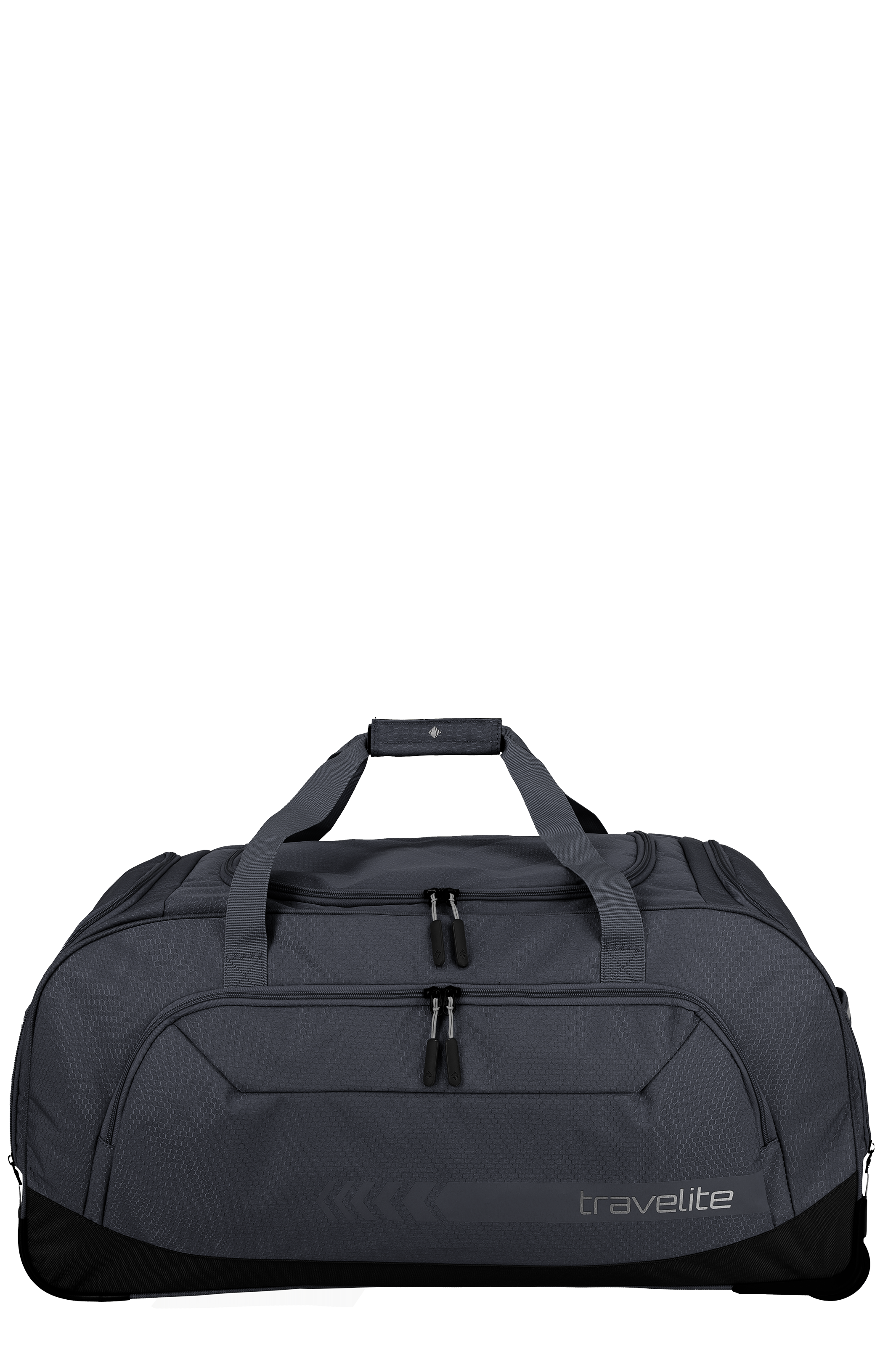 Graue TRAVELITE Rollenreisetasche XL auf Rädern, mit ausziehbarem Griff, Tragegriffen und mehreren Reißverschlüssen, auf schwarzem Hintergrund. Das Logo des Herstellers TRAVELITE ist unten links aufgedruckt.