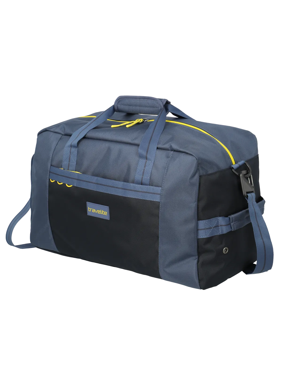 Reisetasche Travelite in Blau und Schwarz mit gelben Akzenten, praktischer Schultergurt und geräumigem Hauptfach