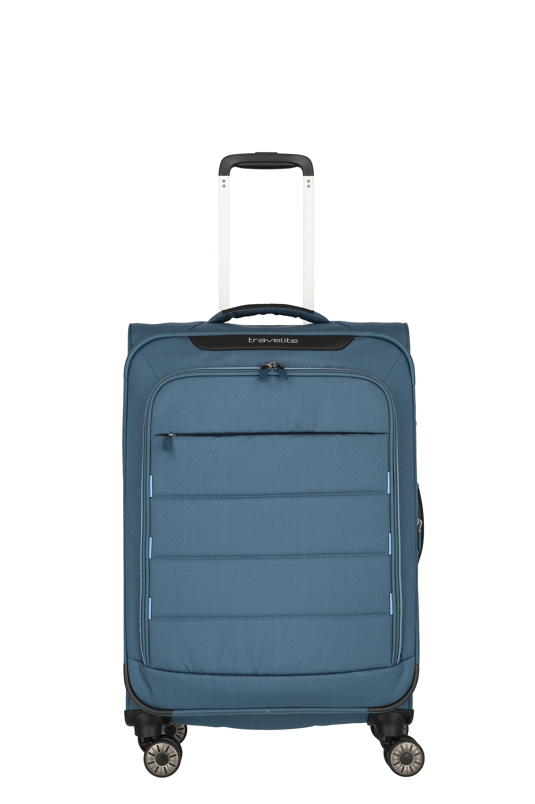 Blauer Travelite Weichschalen-Trolley mit vier Rollen, großer Fronttasche und Teleskopgriff, stehend