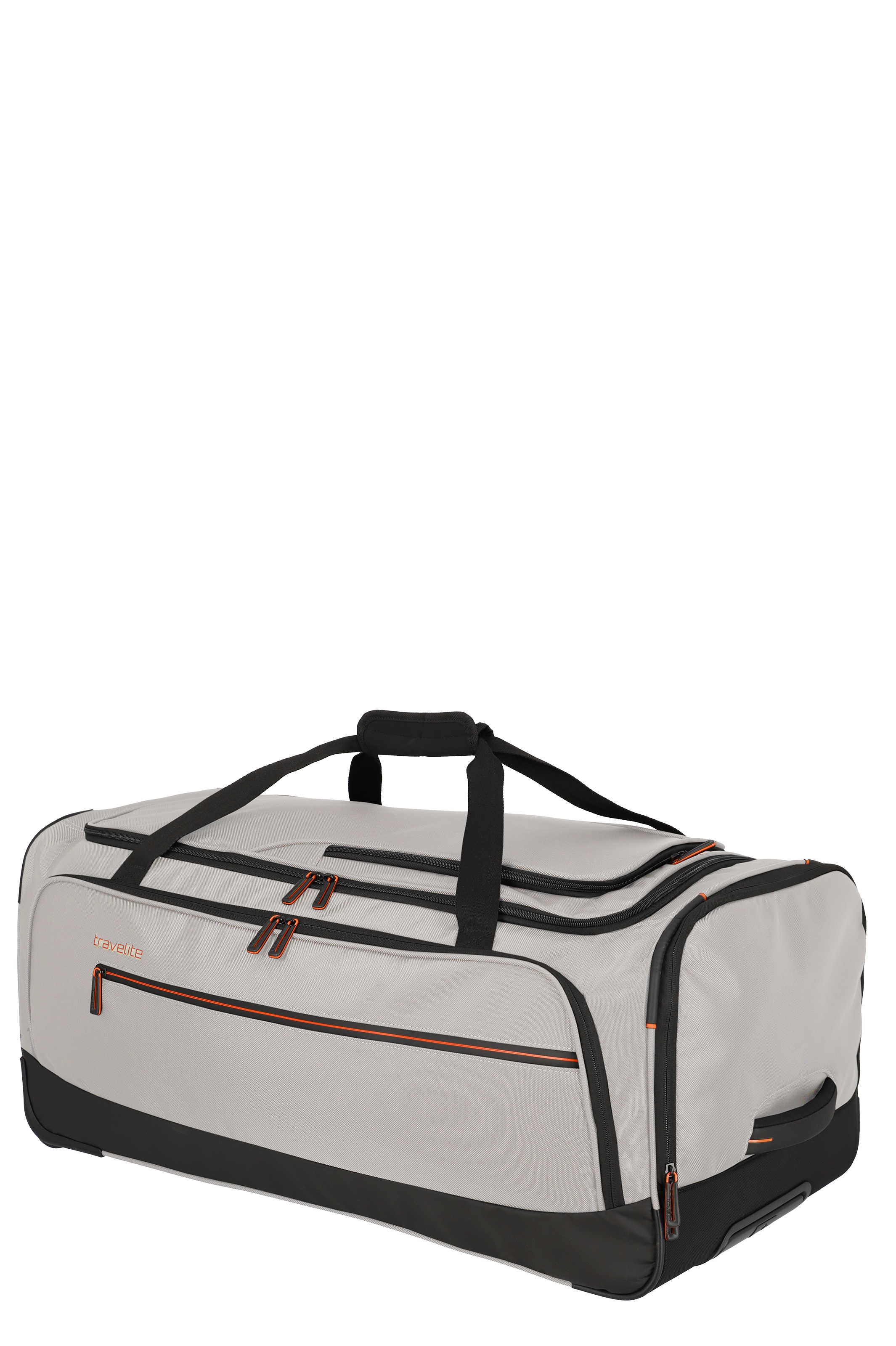 Große Reisetasche in Grau mit schwarzen und orangefarbenen Akzenten – Travelite Sporttasche mit mehreren Reißverschlussfächern