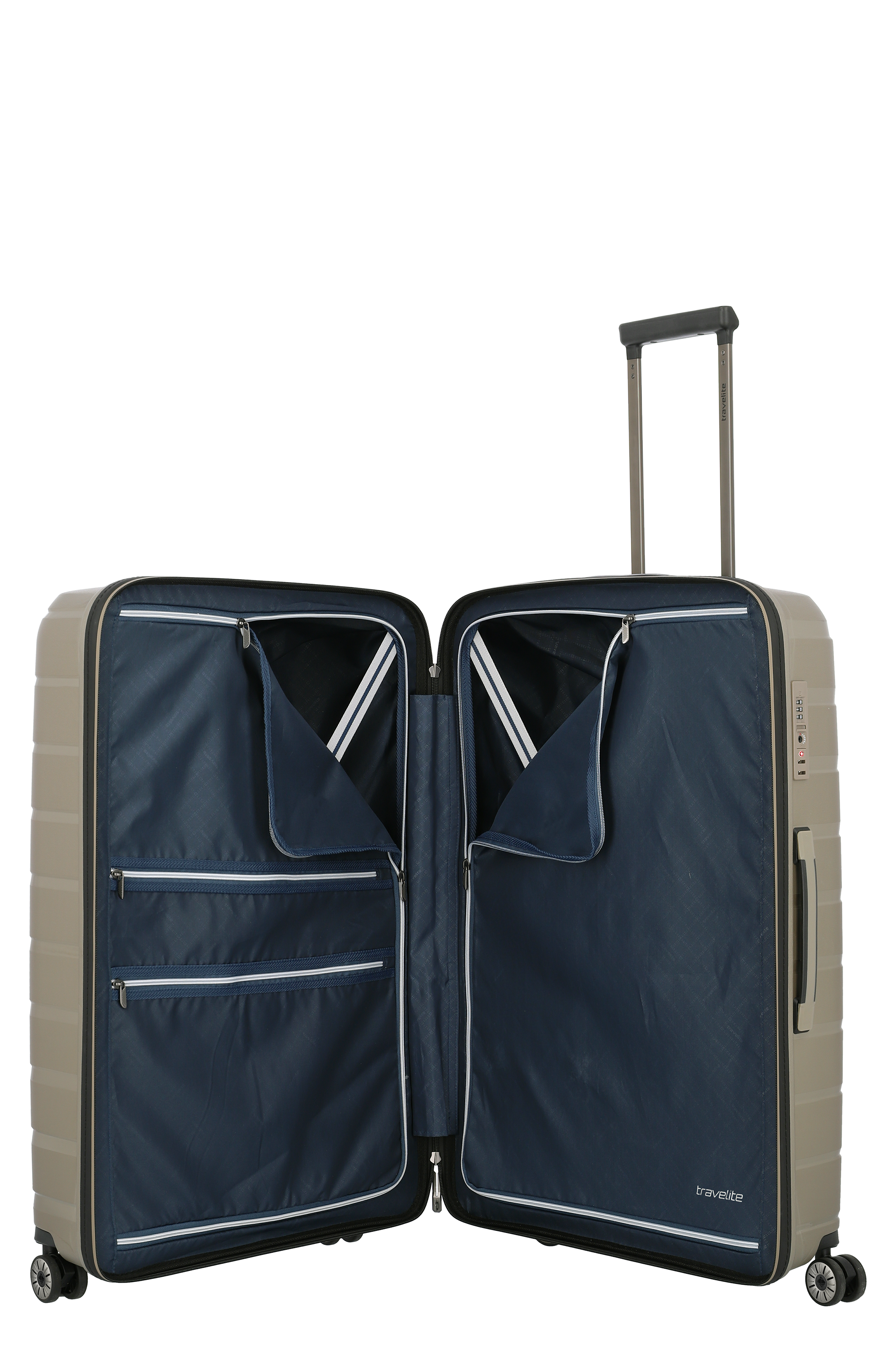 Geöffneter, großer Hartschalenkoffer in Beige mit blauer Innenaufteilung und Reißverschlussfächern