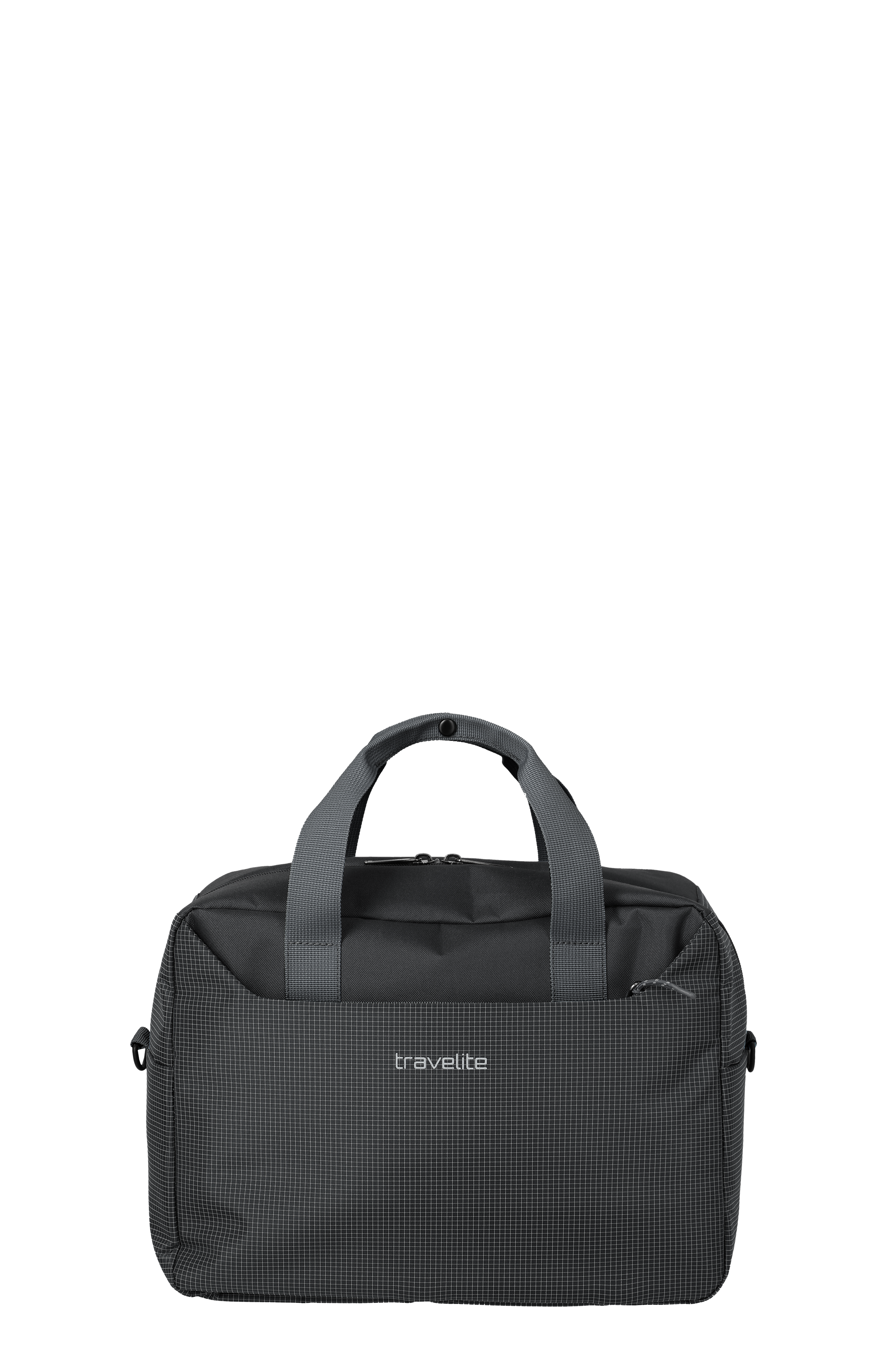 Borsa da viaggio grigia su sfondo nero. Due maniglie per il trasporto e zip nella parte superiore, stesso materiale. Raffinato motivo a griglia nella parte inferiore. Marchio "travelite" a caratteri bianchi.