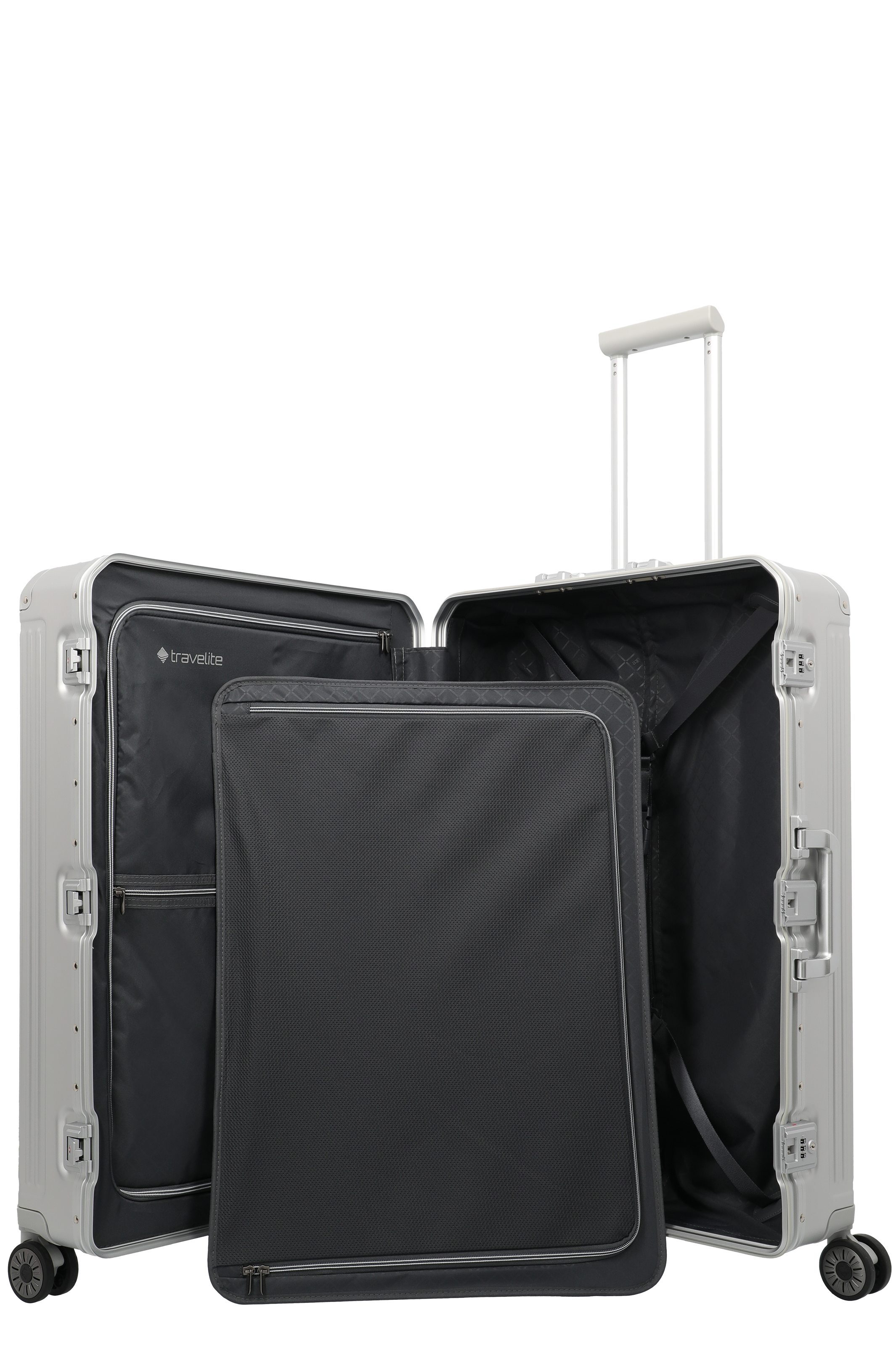 Geöffneter Hartschalenkoffer von travelite mit praktischer Innenaufteilung und Teleskopgriff