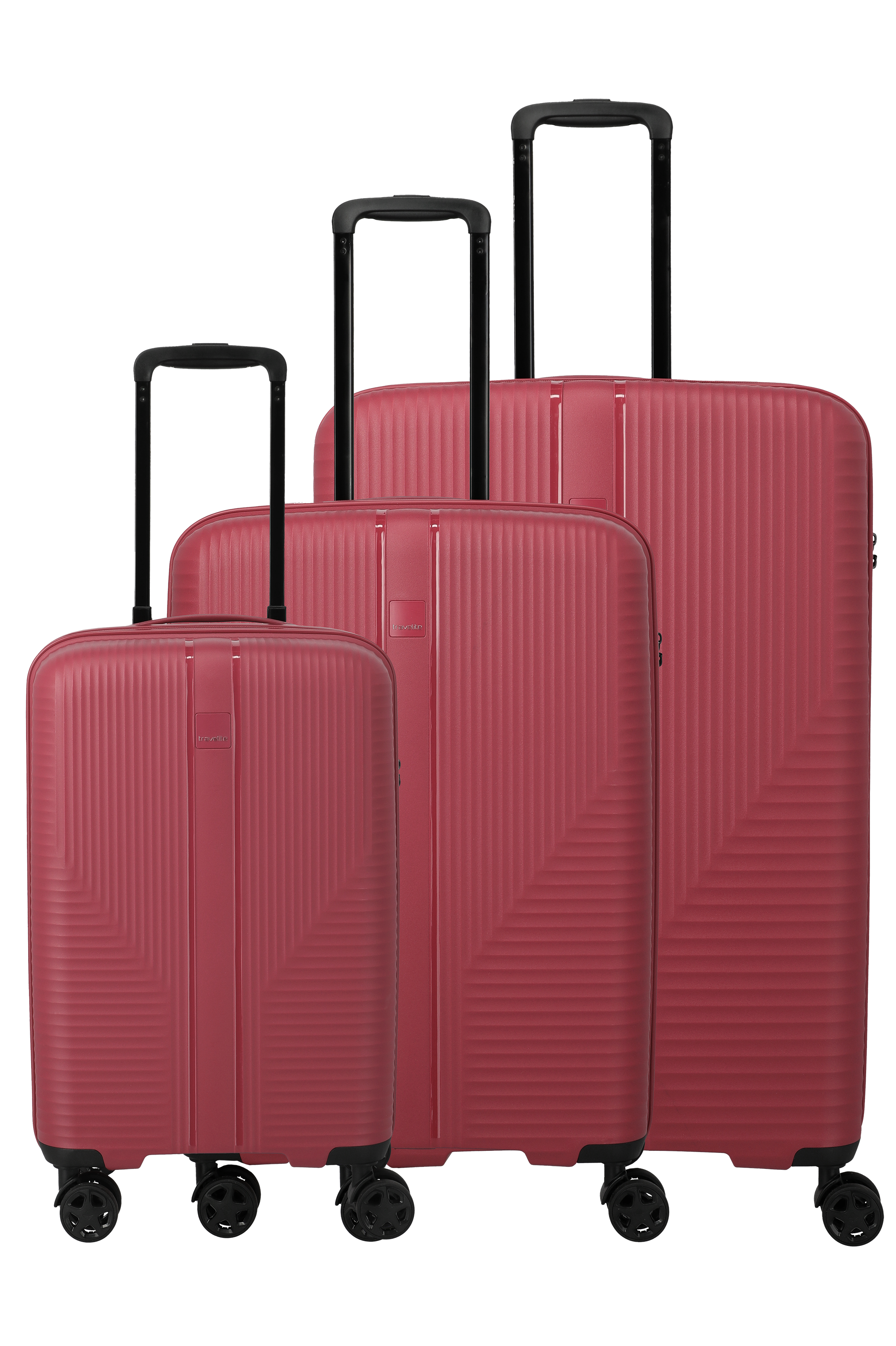 A 3-piece TRAVELITE suitcase set in L, M and Slim S size, in wine red. Each suitcase has a telescopic handle and wheels. The suitcases are shown against a black background and are arranged in a row, from small to large.