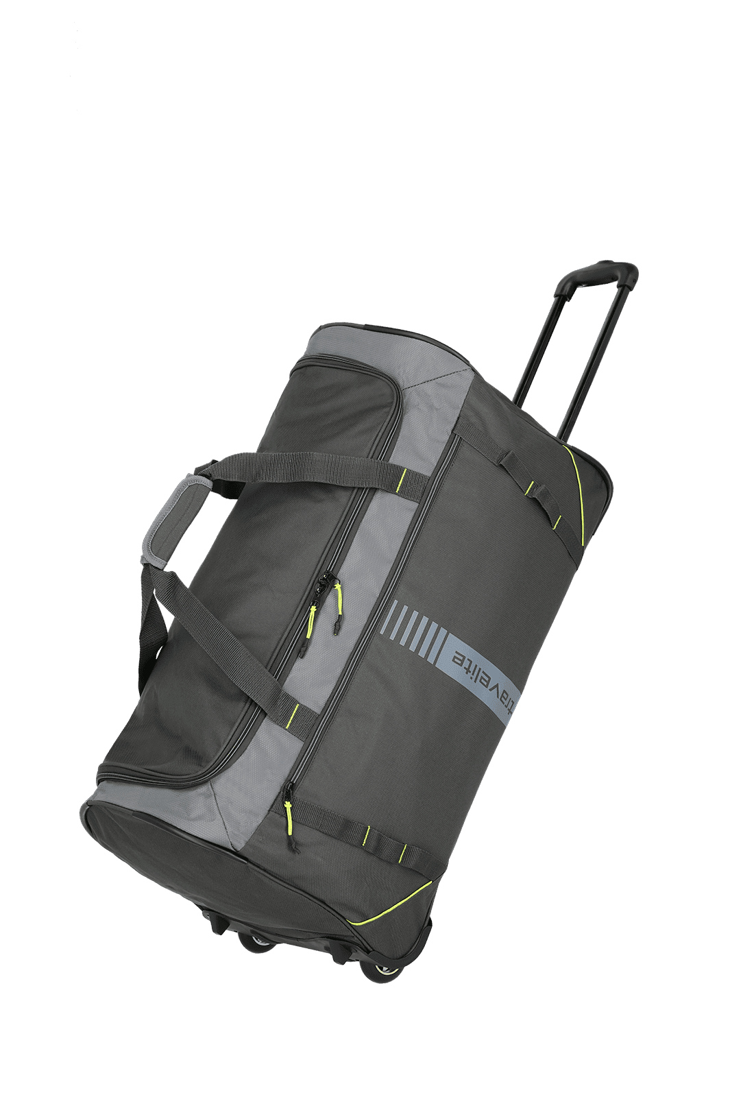 Schwarze Rollreisetasche mit Teleskopgriff und gelben Akzenten Schwarze Reisetasche mit Rollen, gelben Details und Griff