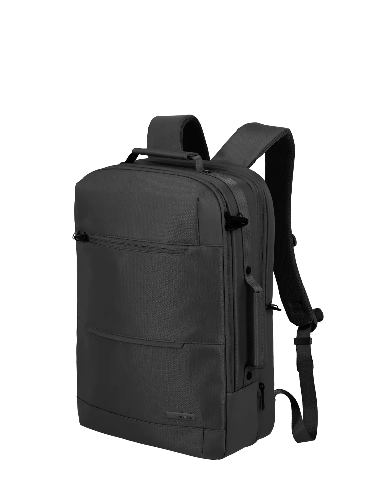 Schwarzer moderner Rucksack mit mehreren Fächern und gepolsterten Schultergurten, ideal für Alltag, Arbeit oder Reisen