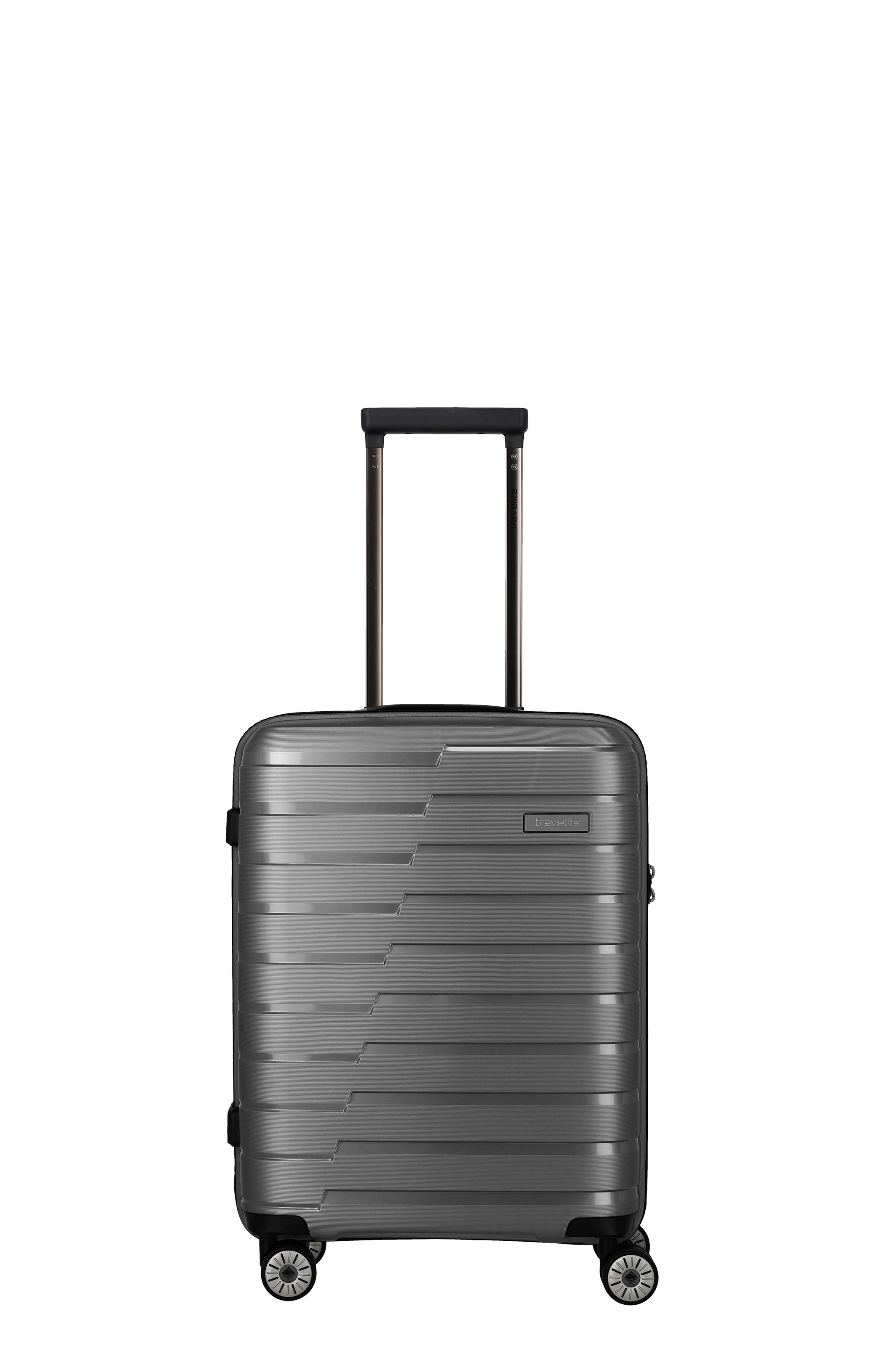 Robuster silberner Hartschalen-Trolley mit vier Rollen und Teleskopgriff für bequemes Reisen Moderner silberner Koffer aus Hartschale mit vier 360-Grad-Rollen und ausziehbarem Teleskopgriff, ideal für Reisen