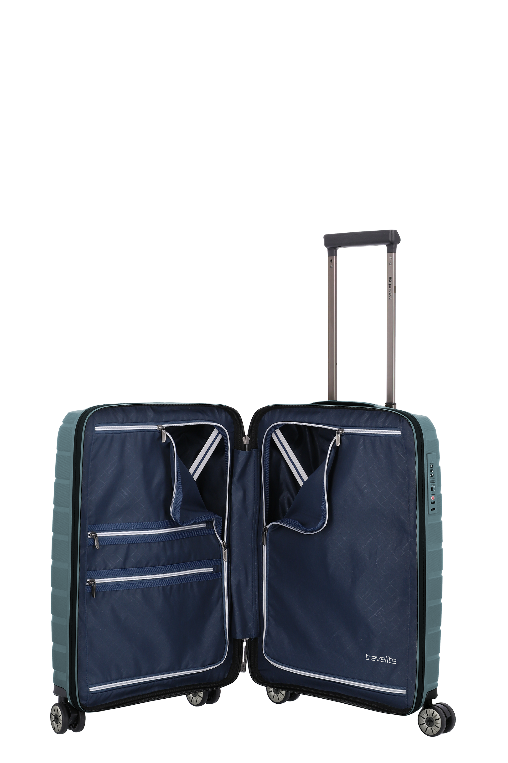 Geöffneter Hartschalenkoffer in Blau mit organisiertem Innenraum und integrierten Fächern von travelite