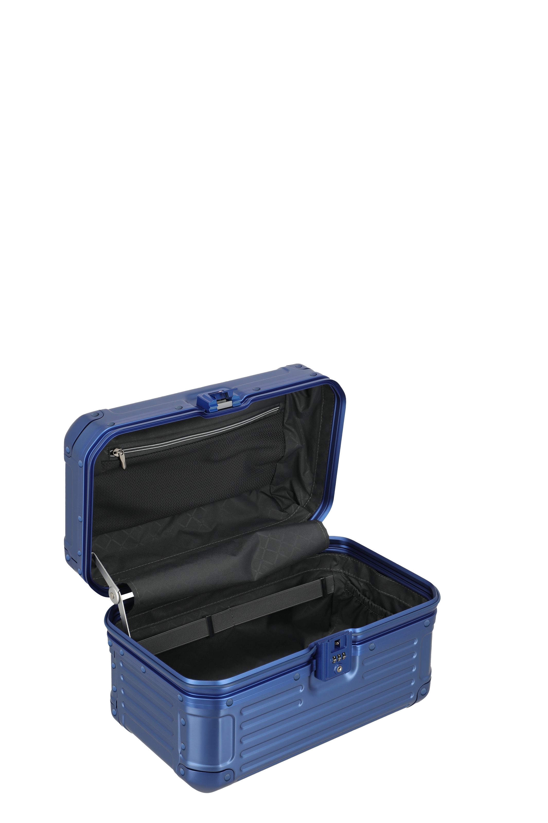 Moderner blauer Hartschalenkoffer, geöffnet, mit Innenfächern und Zahlenschloss