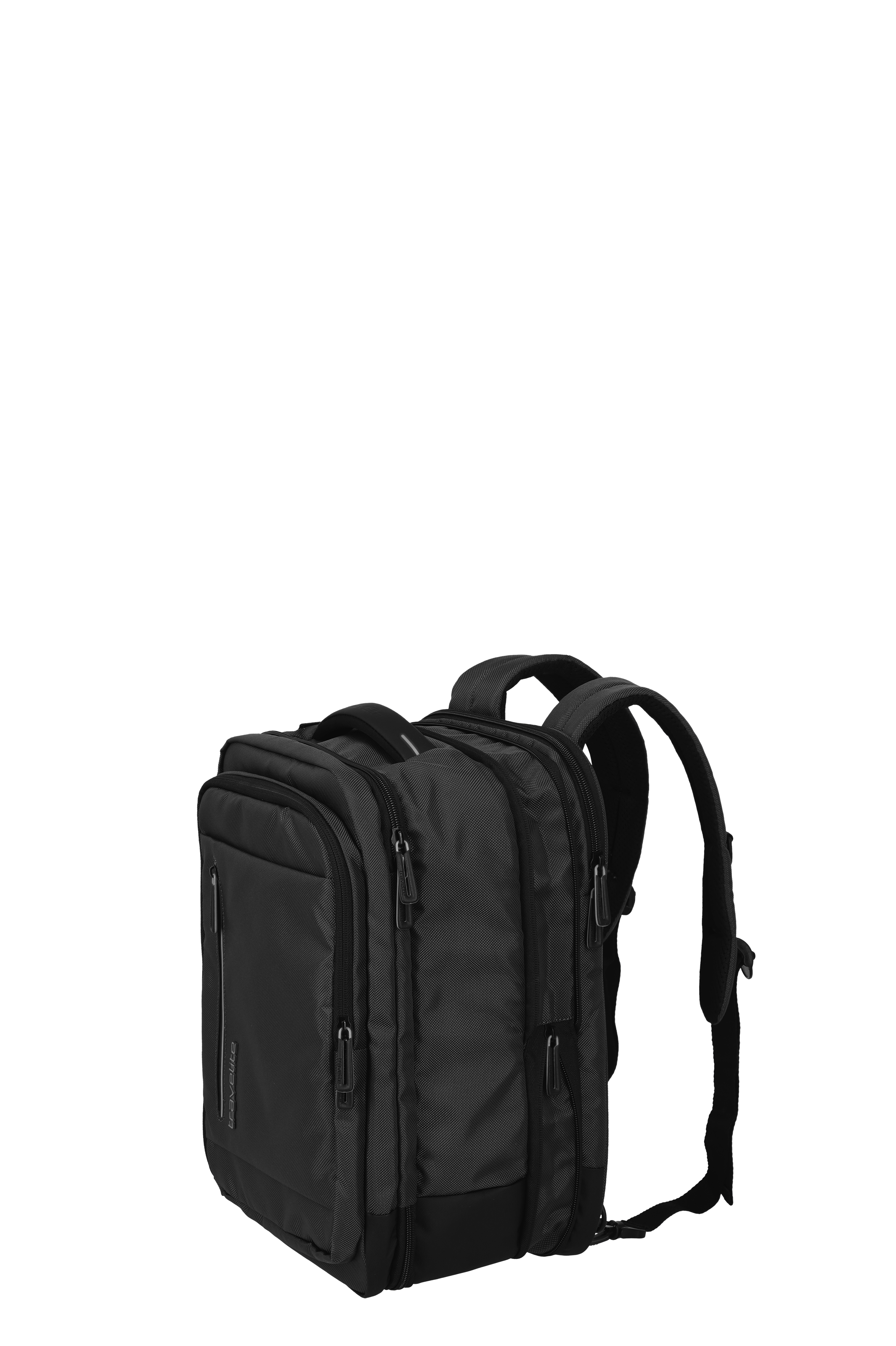 Schwarzer Rucksack mit mehreren Fächern und Reißverschlüssen für Reisen und Alltag