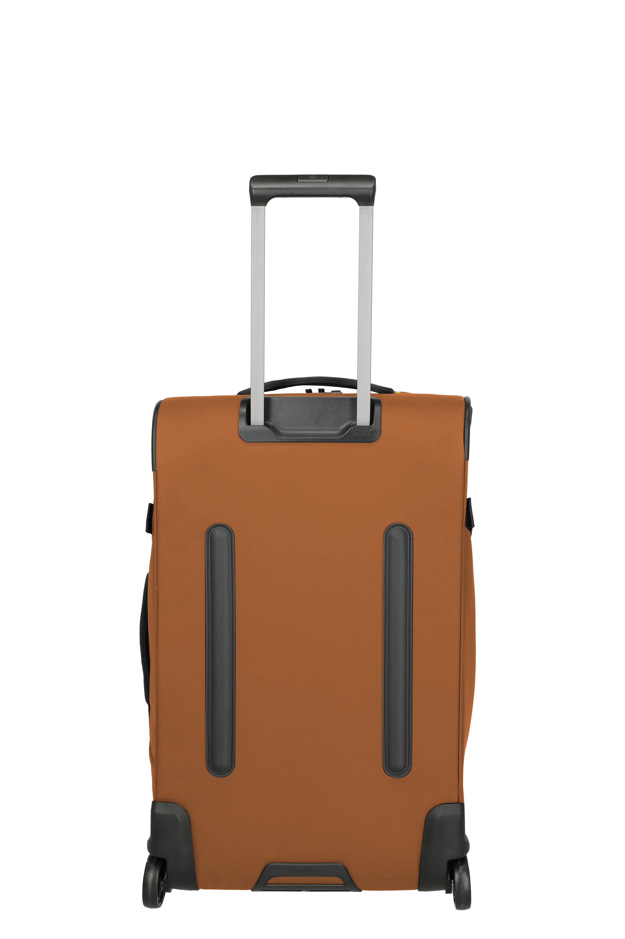 Rückansicht eines modernen, braunen Trolleys mit ausziehbarem Griff