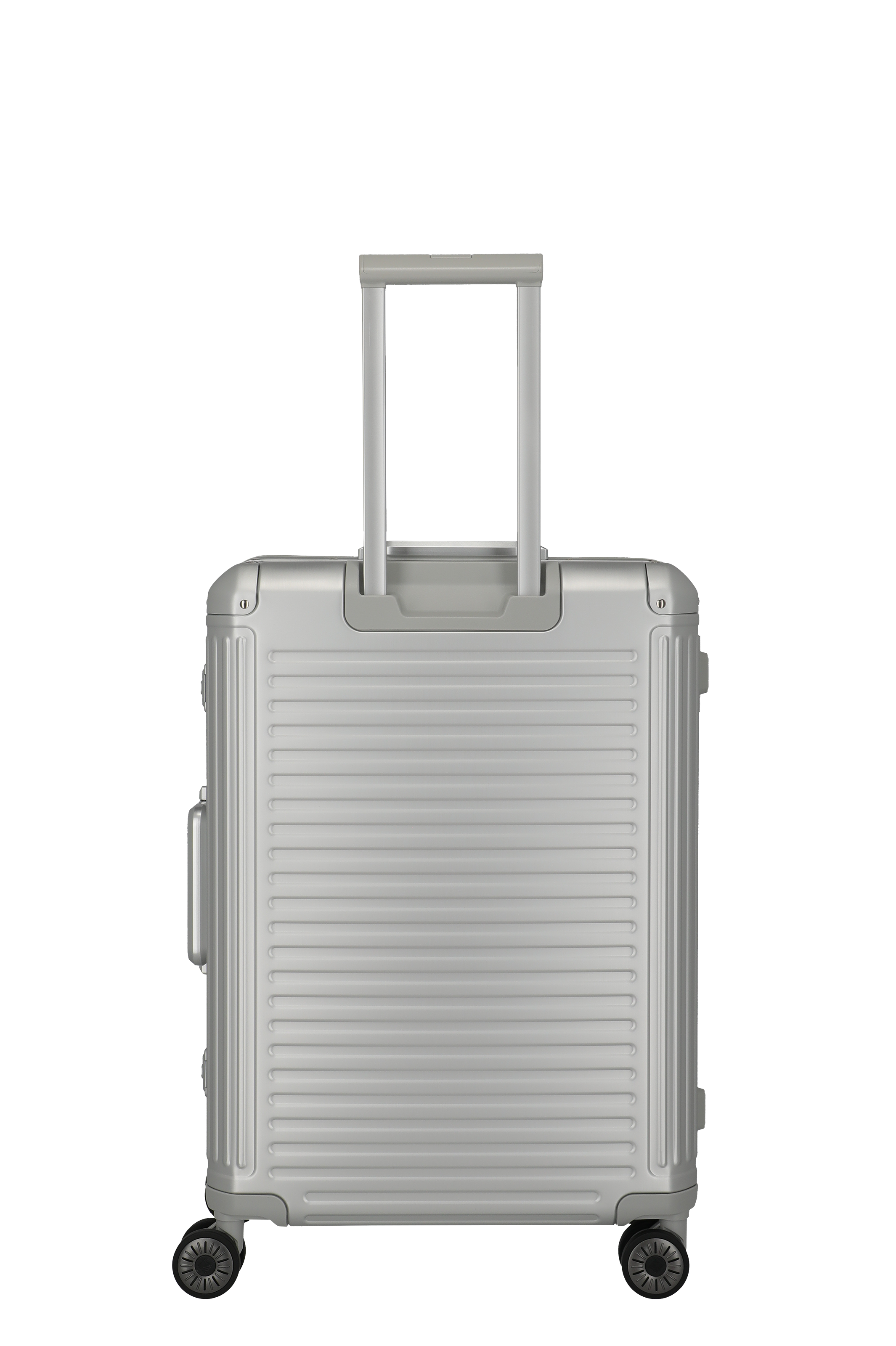 Moderner silberner Hartschalen-Trolley mit vier Rollen und Teleskopgriff – ideal als Reisekoffer