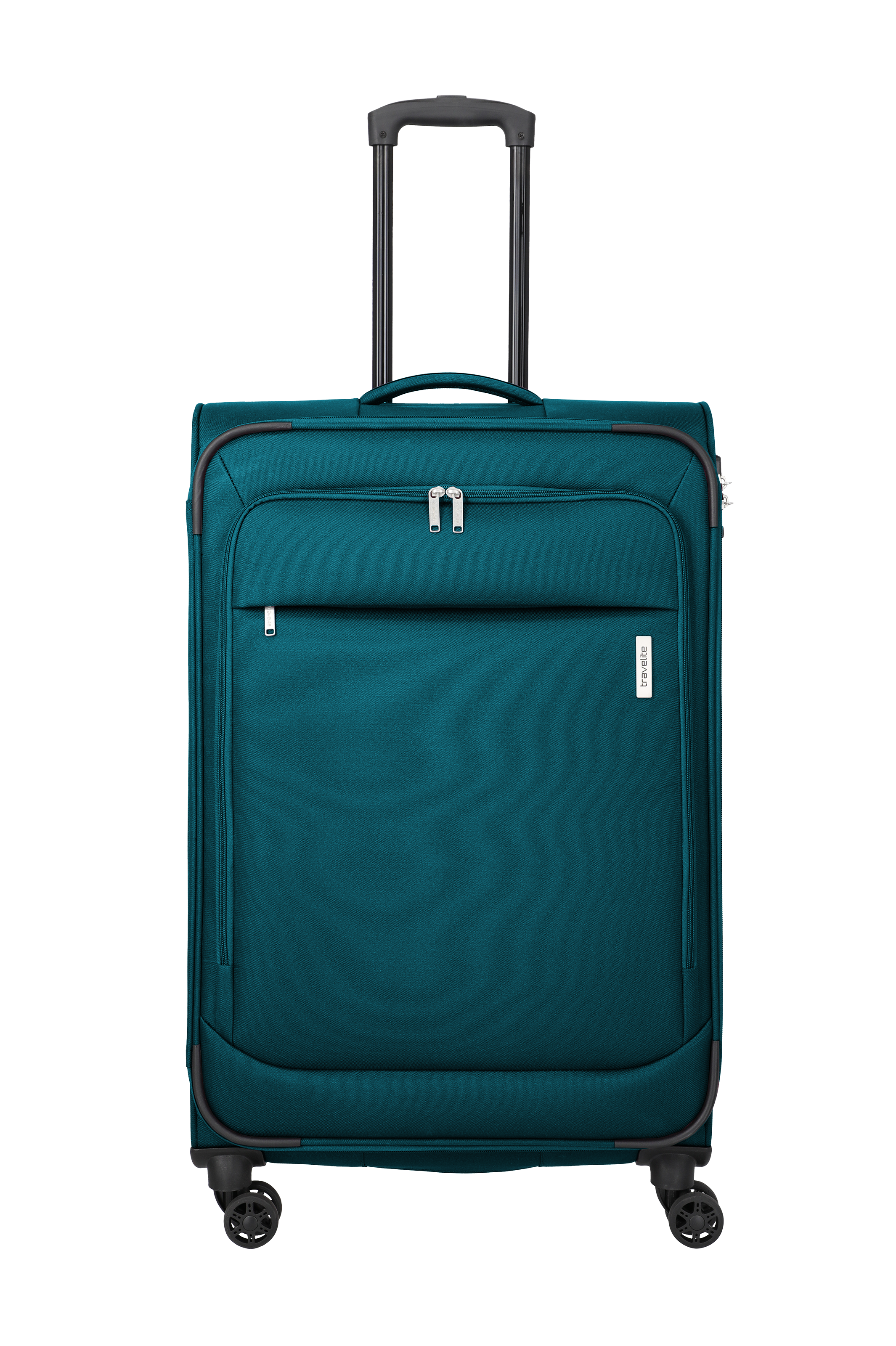 Valigia rettangolare in tessuto blu turchese con dettagli neri su sfondo nero. La valigia ha un manico telescopico e quattro ruote. Nella parte superiore è visibile una piccola tasca con cerniera.