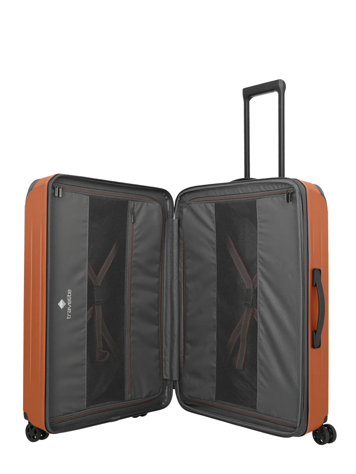 Offener Hartschalenkoffer in Orange mit Teleskopgriff und geräumigem Innenraum