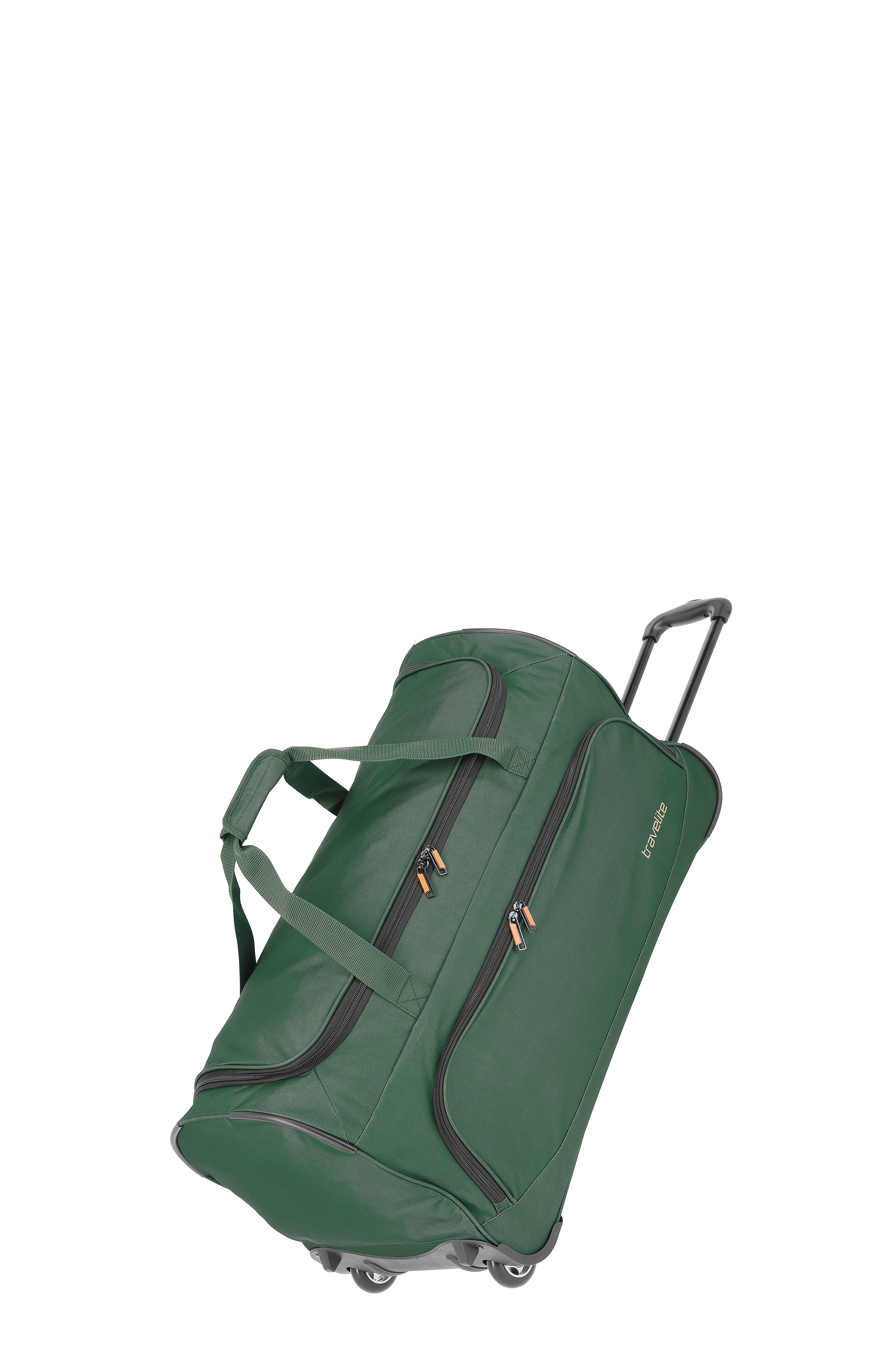 Grüne Reisetasche von Travelite auf weißem Hintergrund, ausgestattet mit Rollen und mehreren Reißverschlüssen